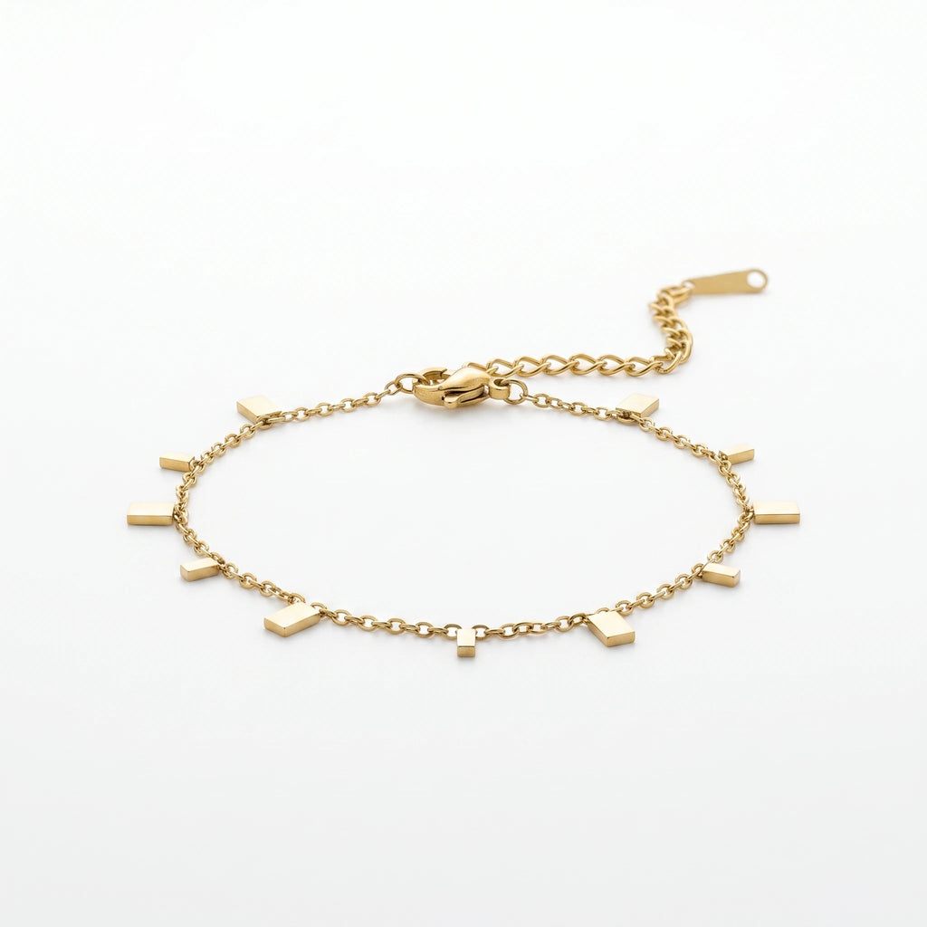 QIAOREN 13283 Gold Plated Stainless Steel Geometric Bar Charm Bracelet Minimalist Dangle Chain Bracelet for Women