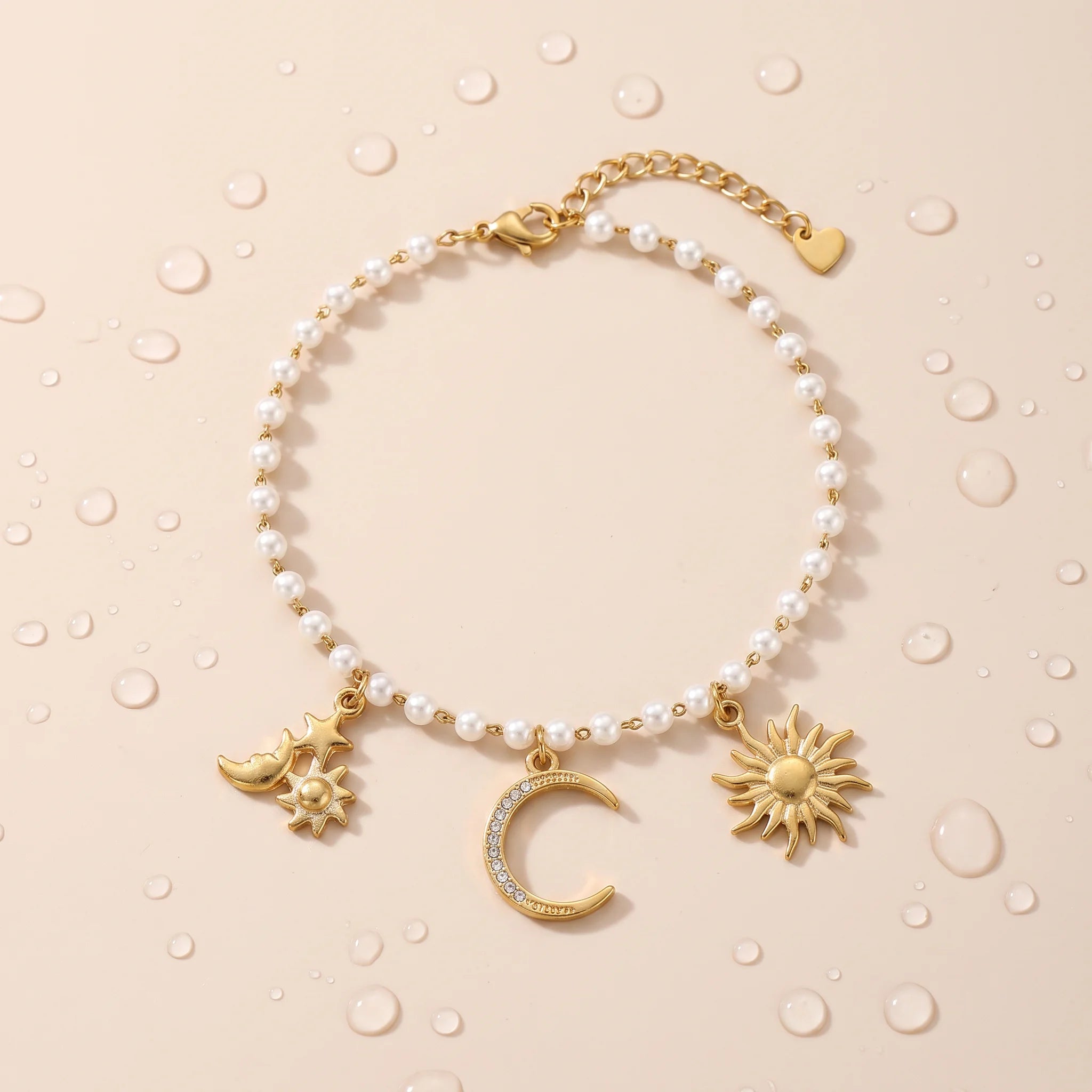 QIAOREN 13324 Celestial Pearl Anklet with Sun, Star & Rhinestone Moon Charms, Cosmic Trendy Foot Boho Daily Summer Looks