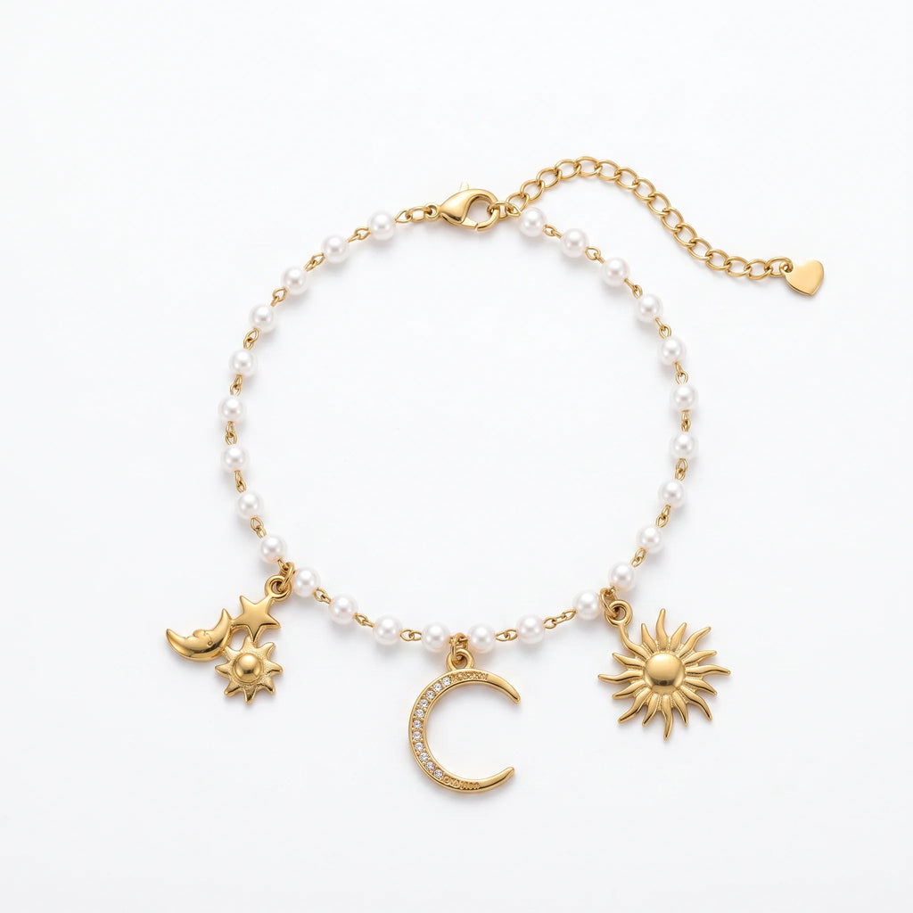 QIAOREN 13324 Celestial Pearl Anklet with Sun, Star & Rhinestone Moon Charms, Cosmic Trendy Foot Boho Daily Summer Looks