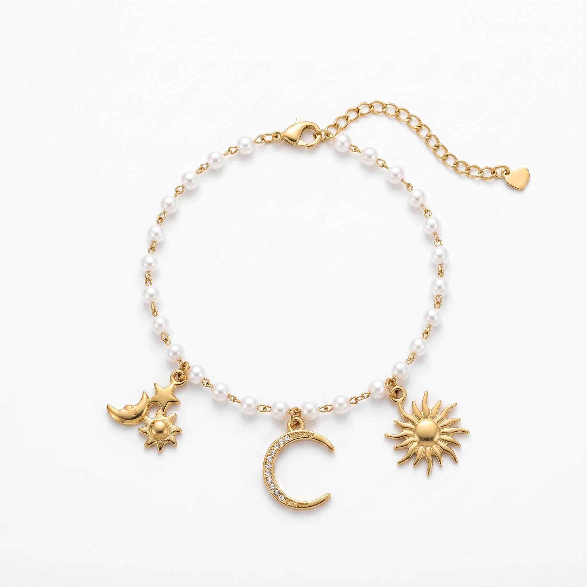 QIAOREN 13324 Celestial Pearl Anklet with Sun, Star & Rhinestone Moon Charms, Cosmic Trendy Foot Boho Daily Summer Looks