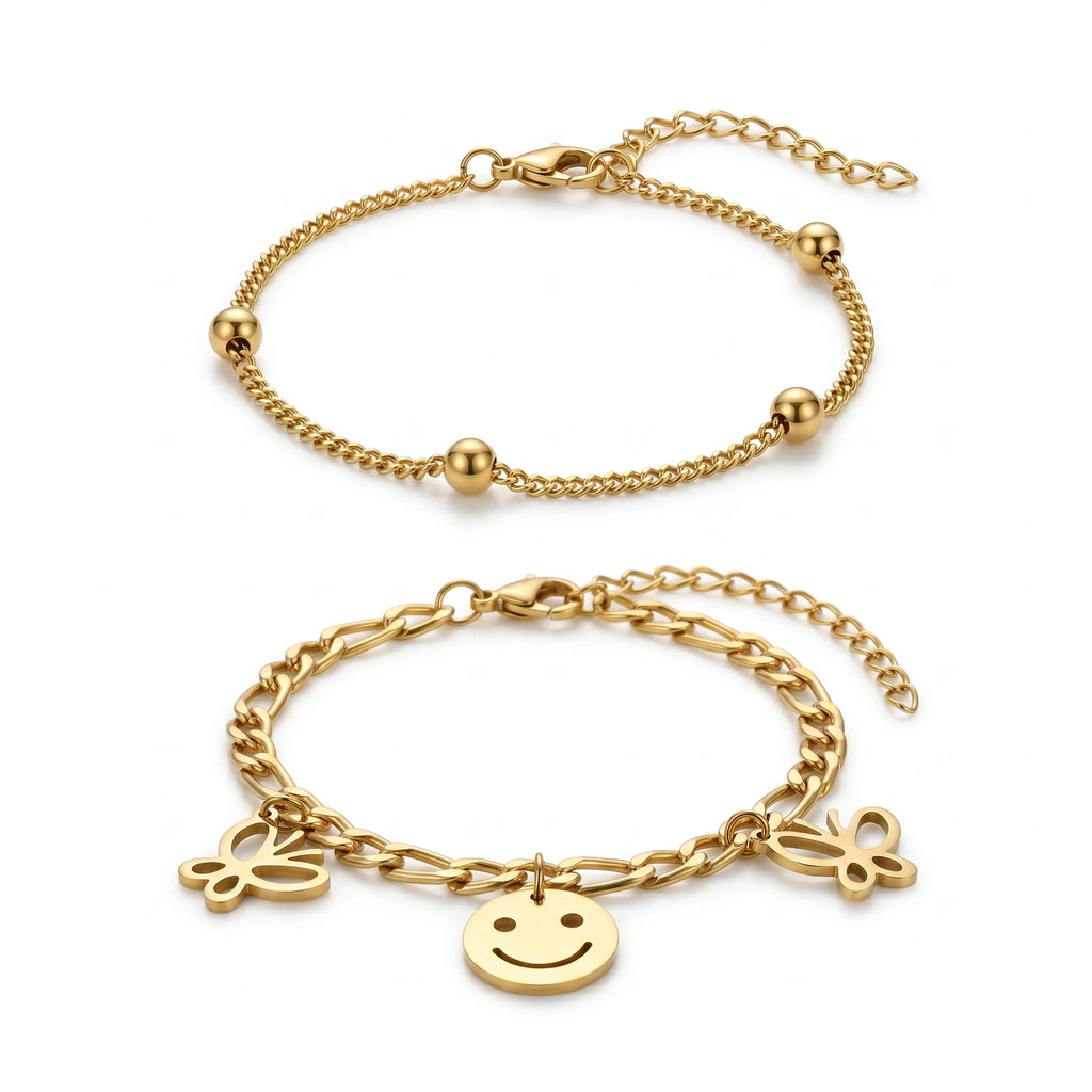 QIAOREN 11936 Trendy 2Pcs Gold Bracelet Set Stainless Steel Smiley Face Butterfly Charm Beaded Chain Bracelet for Women US EU