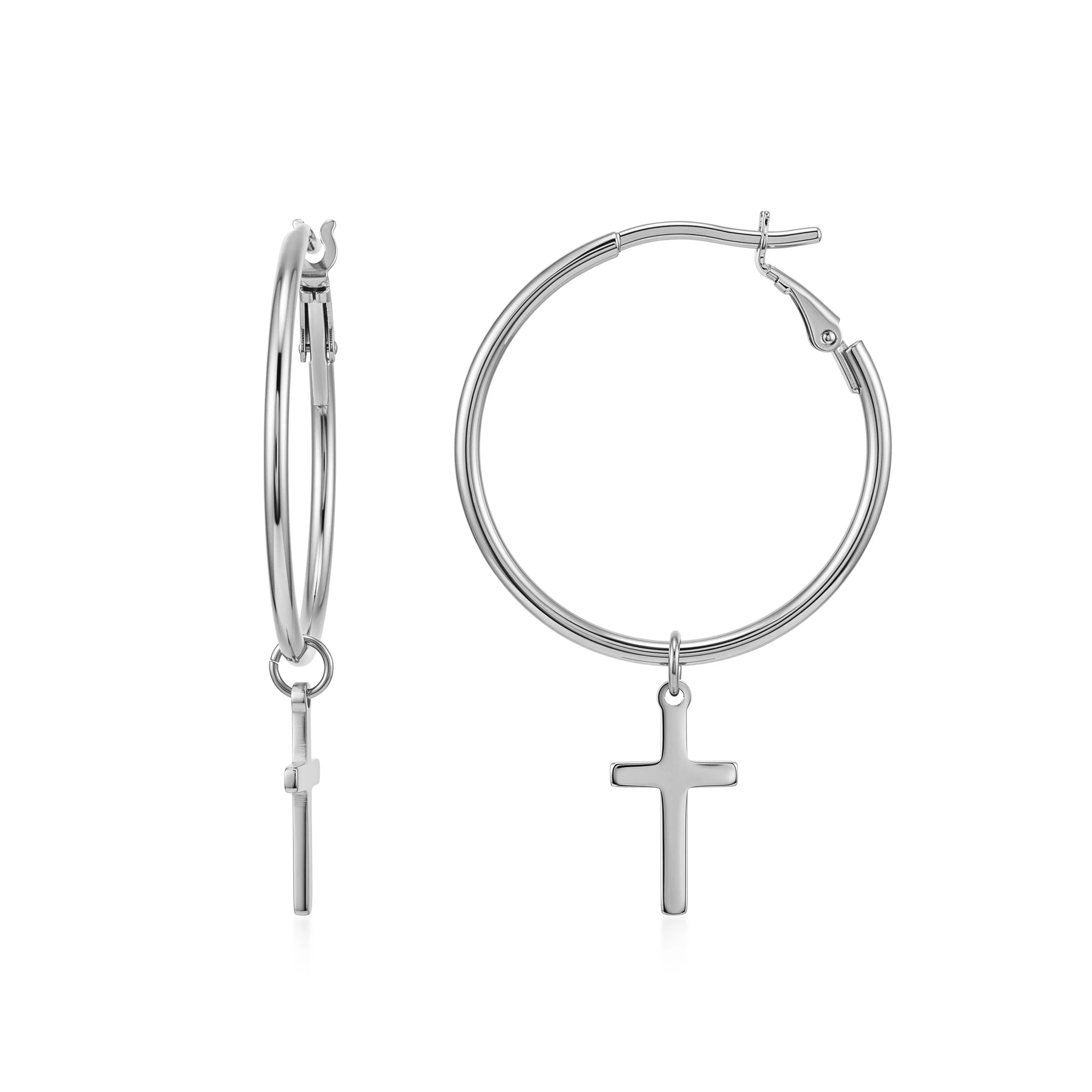 QIAOREN 10907 Women's Boho Style Cross Charm Hoop Earrings 18K Gold Plated Stainless Steel 0.3mm Thickness Beach Vacation Summer