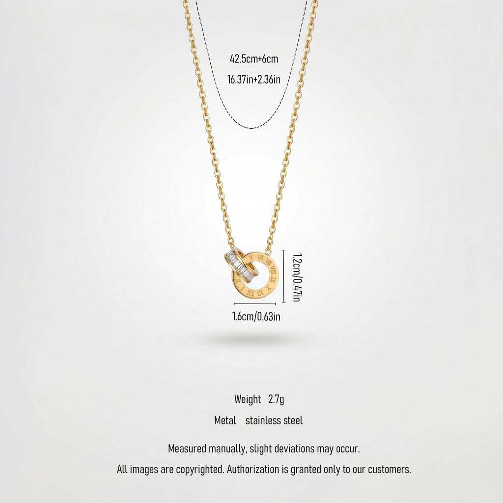 QIAOREN 13175 Stainless Steel Roman Numeral Interlocking Ring Pendant Necklace Gold Plated Minimalist Circle Jewelry for Women