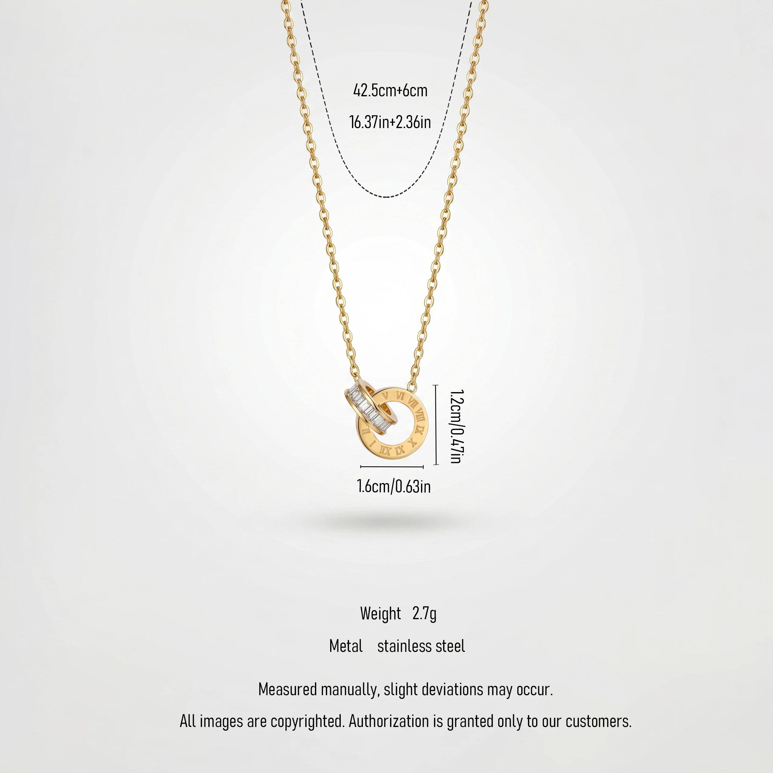QIAOREN 13175 Stainless Steel Roman Numeral Interlocking Ring Pendant Necklace Gold Plated Minimalist Circle Jewelry for Women