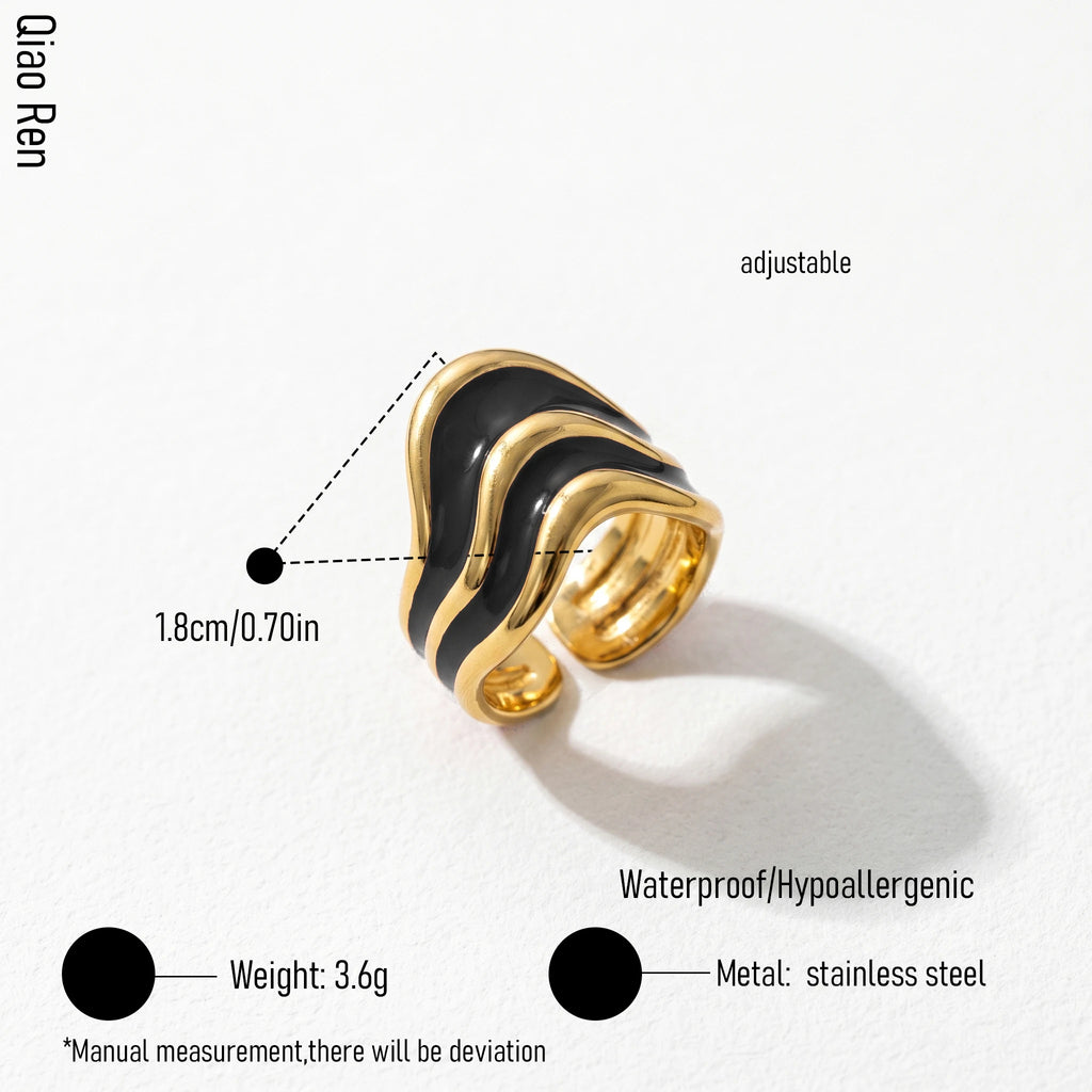 QIAOREN 14226-31 Black Enamel Irregular Wave Open Ring Set, Abstract Curved Adjustable Stackable Ring Jewelry Gift
