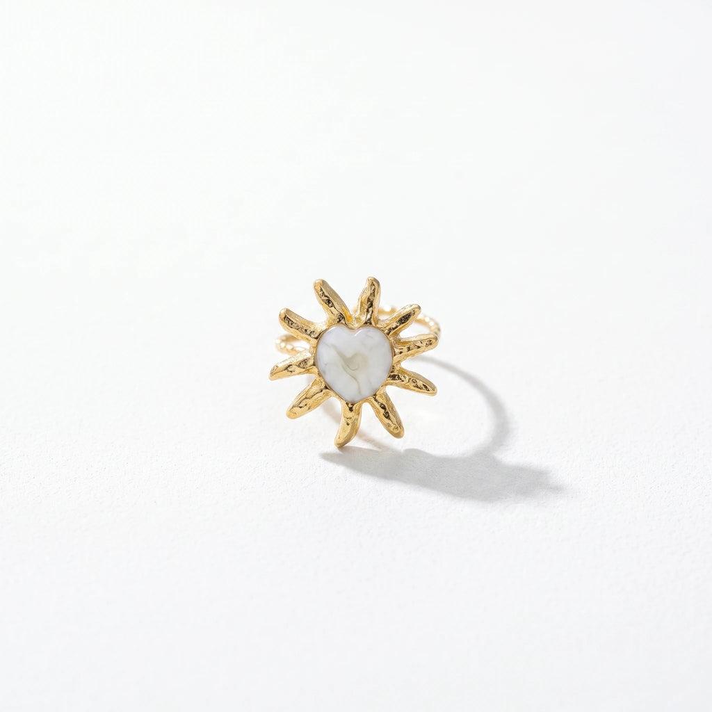 QIAOREN 14165-68 Heart & Sun Pattern Open Ring Set, White Mica Enamel Inlaid Adjustable Stackable Ring Jewelry Gift