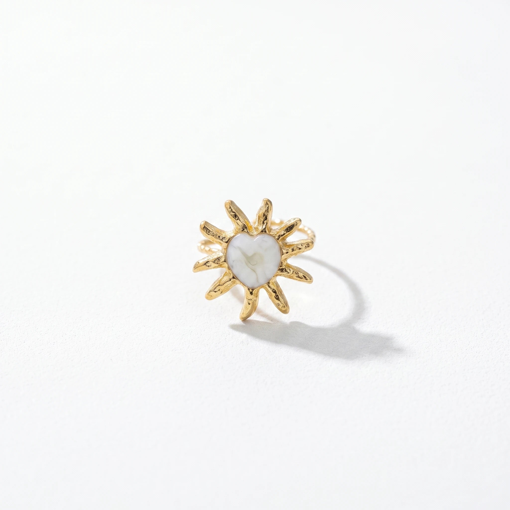 QIAOREN 14165-68 Heart & Sun Pattern Open Ring Set, White Mica Enamel Inlaid Adjustable Stackable Ring Jewelry Gift