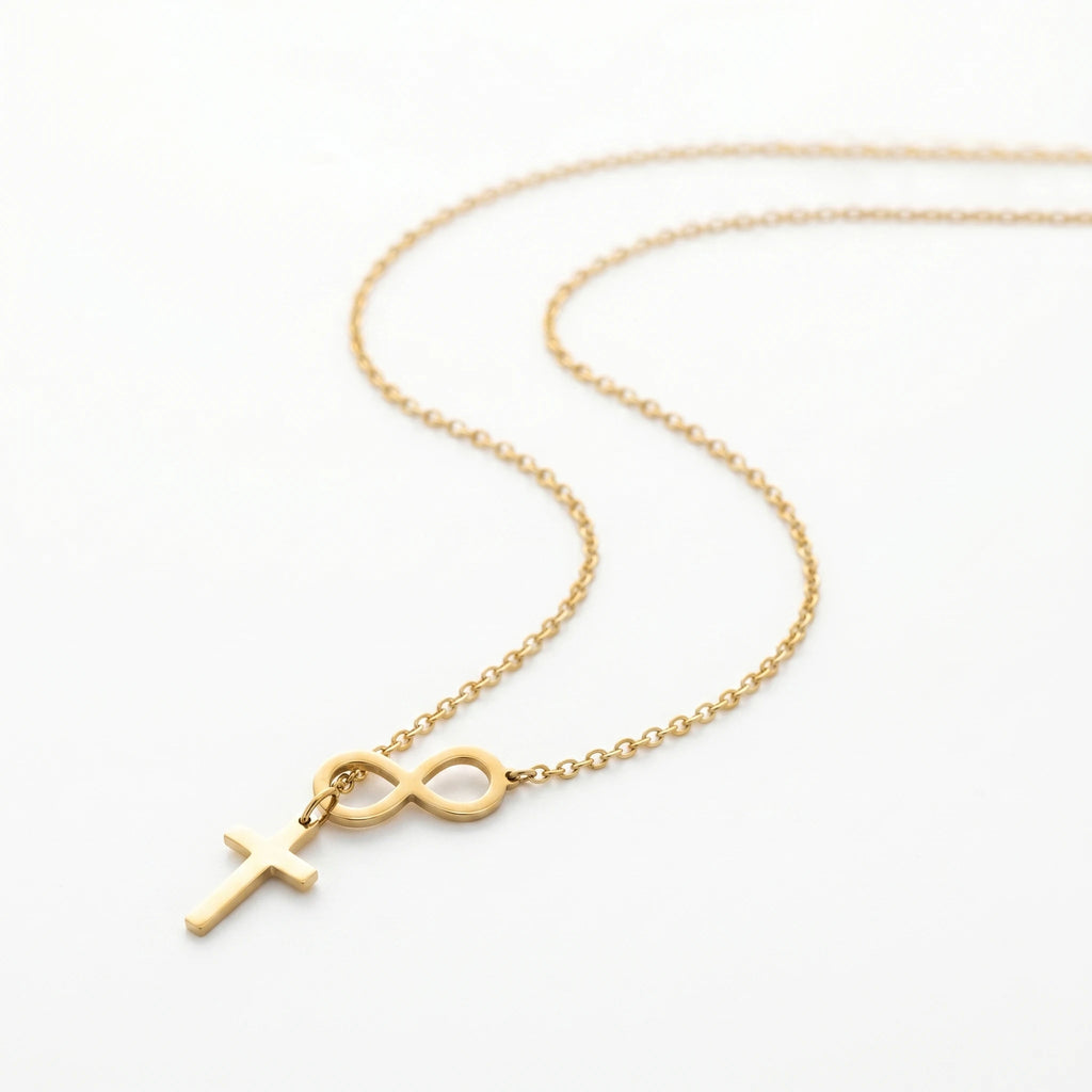 QIAOREN 11247 Tarnish Resistant Waterproof 18K Gold Plated Stainless Steel Infinity Cross Pendant Necklace for Women