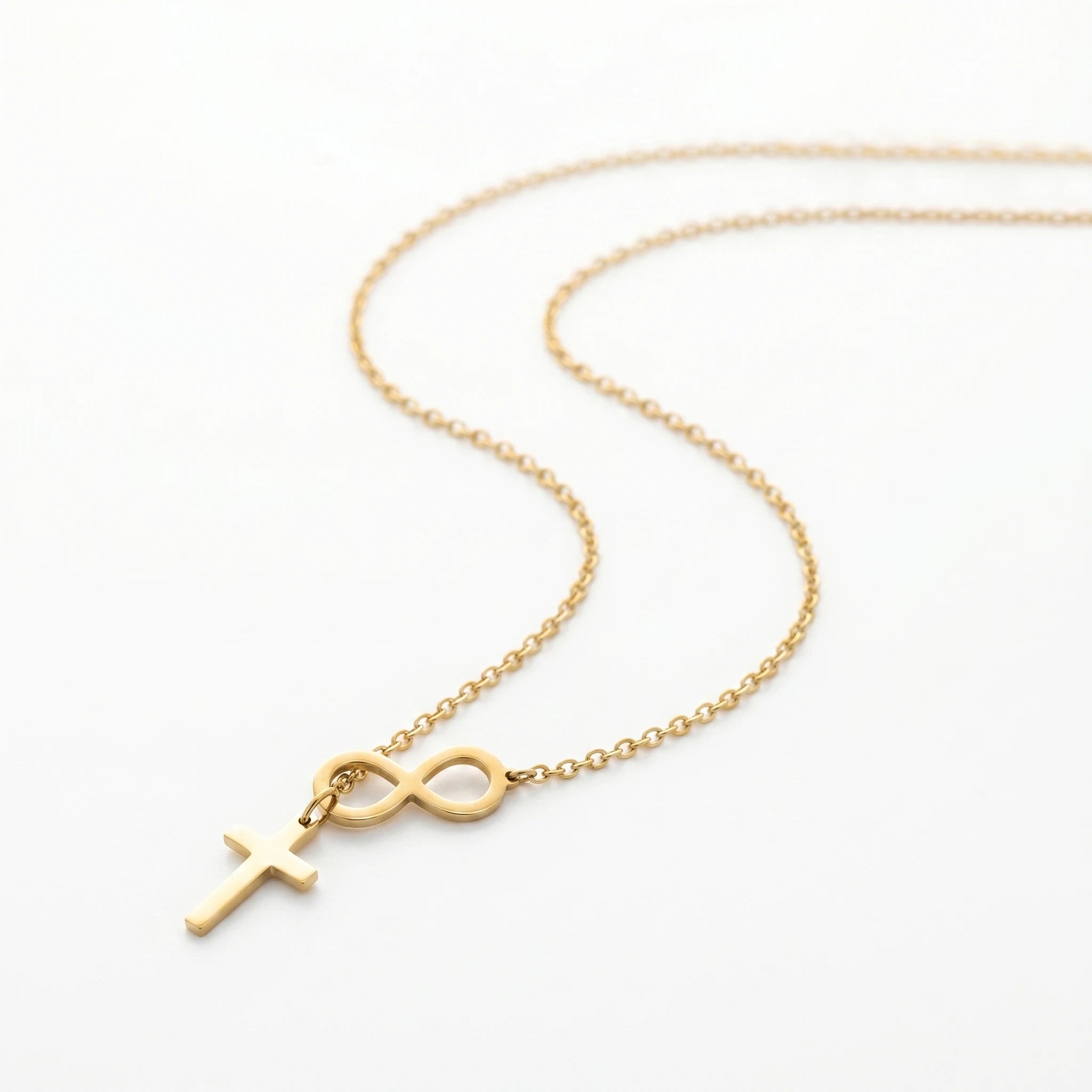 QIAOREN 11247 Tarnish Resistant Waterproof 18K Gold Plated Stainless Steel Infinity Cross Pendant Necklace for Women