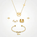 QIAOREN 11575 Fashion Gold Travel Jewelry Set Stainless Steel Airplane Globe Necklace Bracelet Ring Stud Earrings Gift