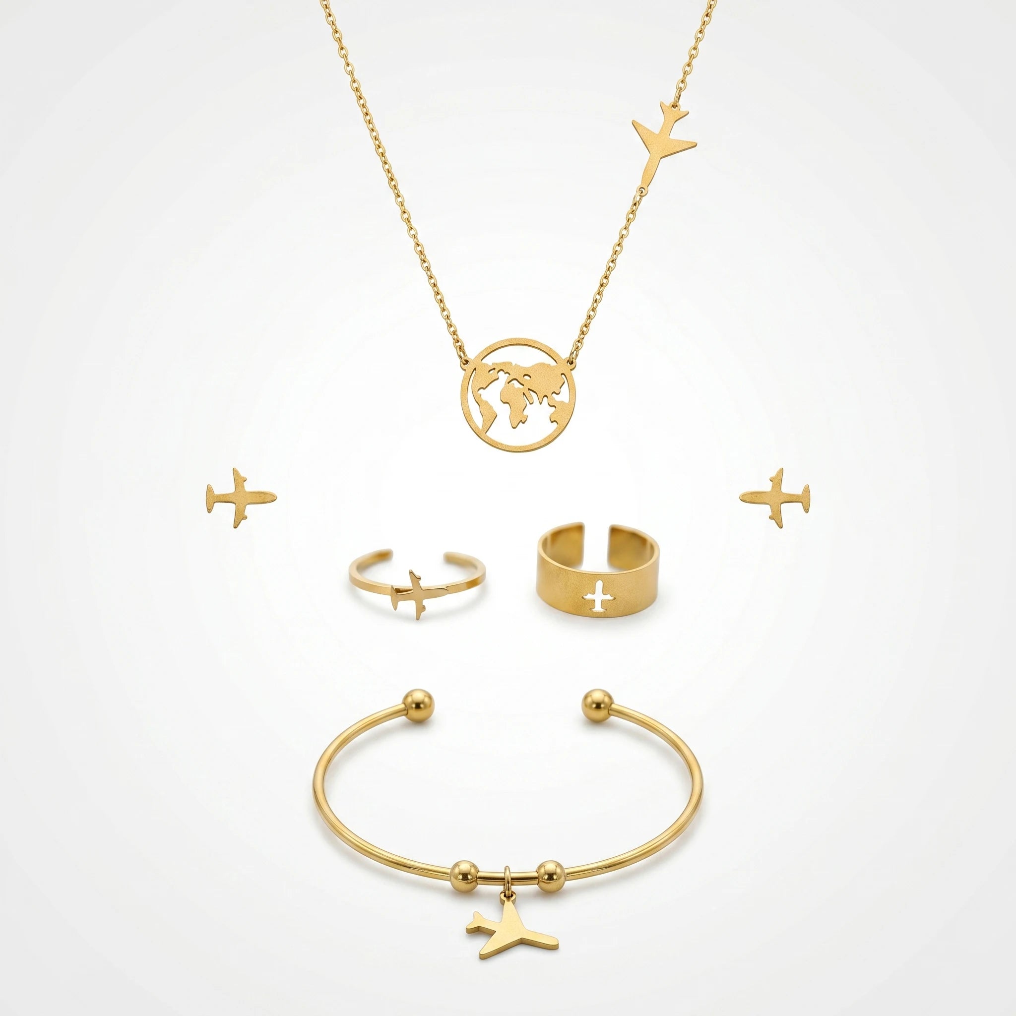 QIAOREN 11575 Fashion Gold Travel Jewelry Set Stainless Steel Airplane Globe Necklace Bracelet Ring Stud Earrings Gift