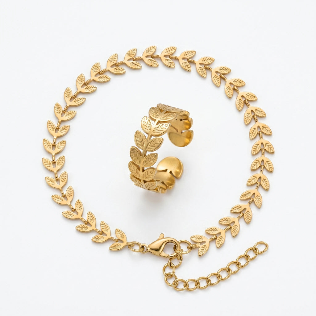 QIAOREN 11579 Elegant 18K Gold Plated Stainless Steel Quartz Chain Bracelet and Ring Set Nature Inspired Women's Gift Jewelry