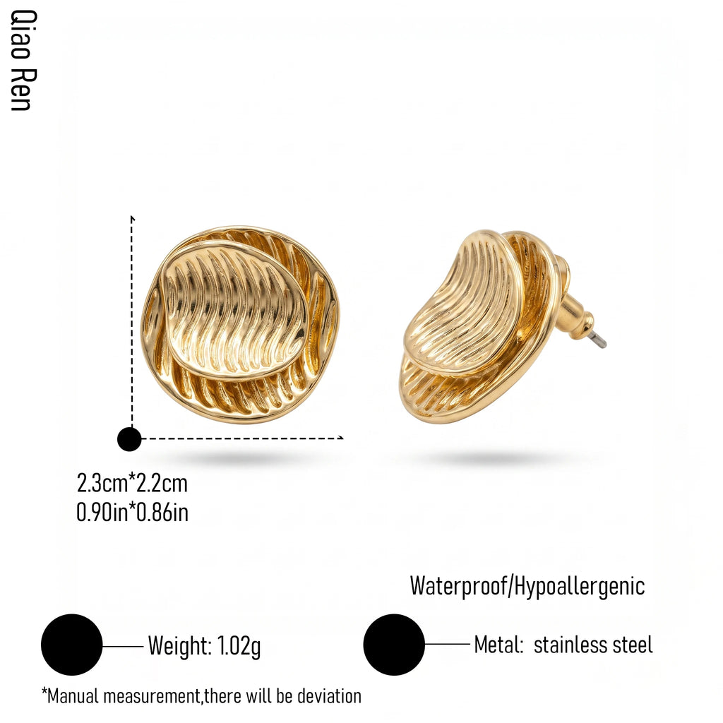 QIAOREN 14552 Double Layer Wavy Ridged Disc Stud Earrings, Textured Stacked Gold Tone Sculptural Earrings