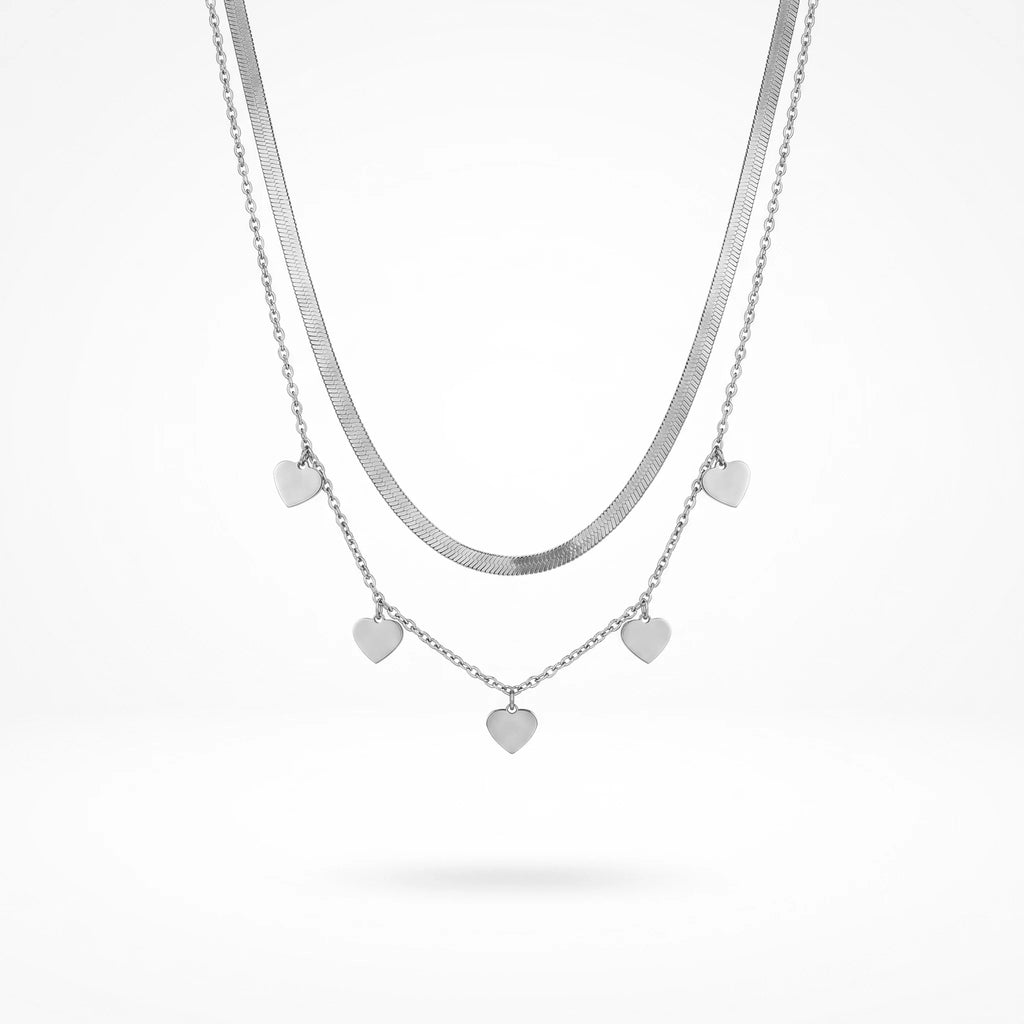 QIAOREN 11645 Stainless Steel Gold Double Layer Necklace Herringbone Chain Tiny Heart Charms Adjustable Women Jewelry Gift