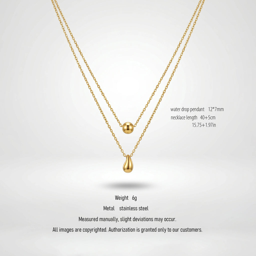 QIAOREN 10582 Water Drop Bead Double Layer Necklace 18K Gold Plated Stainless Steel Waterproof Tarnish Free Trendy Jewelry