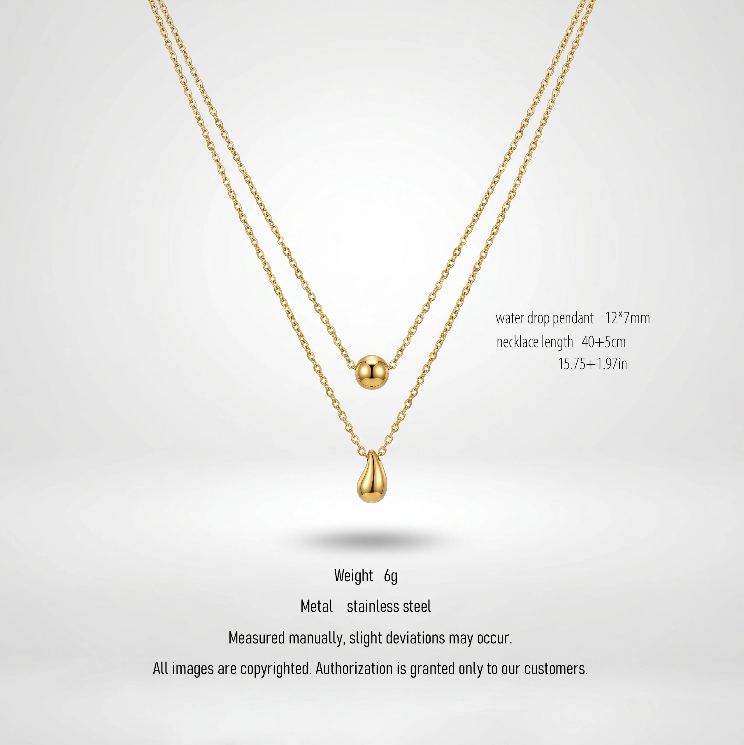 QIAOREN 10582 Water Drop Bead Double Layer Necklace 18K Gold Plated Stainless Steel Waterproof Tarnish Free Trendy Jewelry