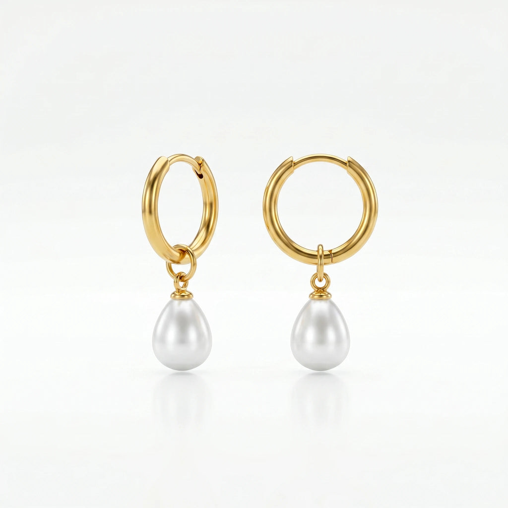 QIAOREN 10621 Teardrop Pearl Drop Earrings 18K Gold Plated Stainless Steel Waterproof Tarnish Free Dangle Trendy Party for Women