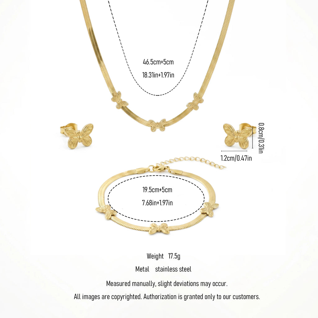 QIAOREN 11690 Tarnish Free 18K Gold Stainless Steel Butterfly Herringbone Jewelry Set Necklace Bracelet Earrings