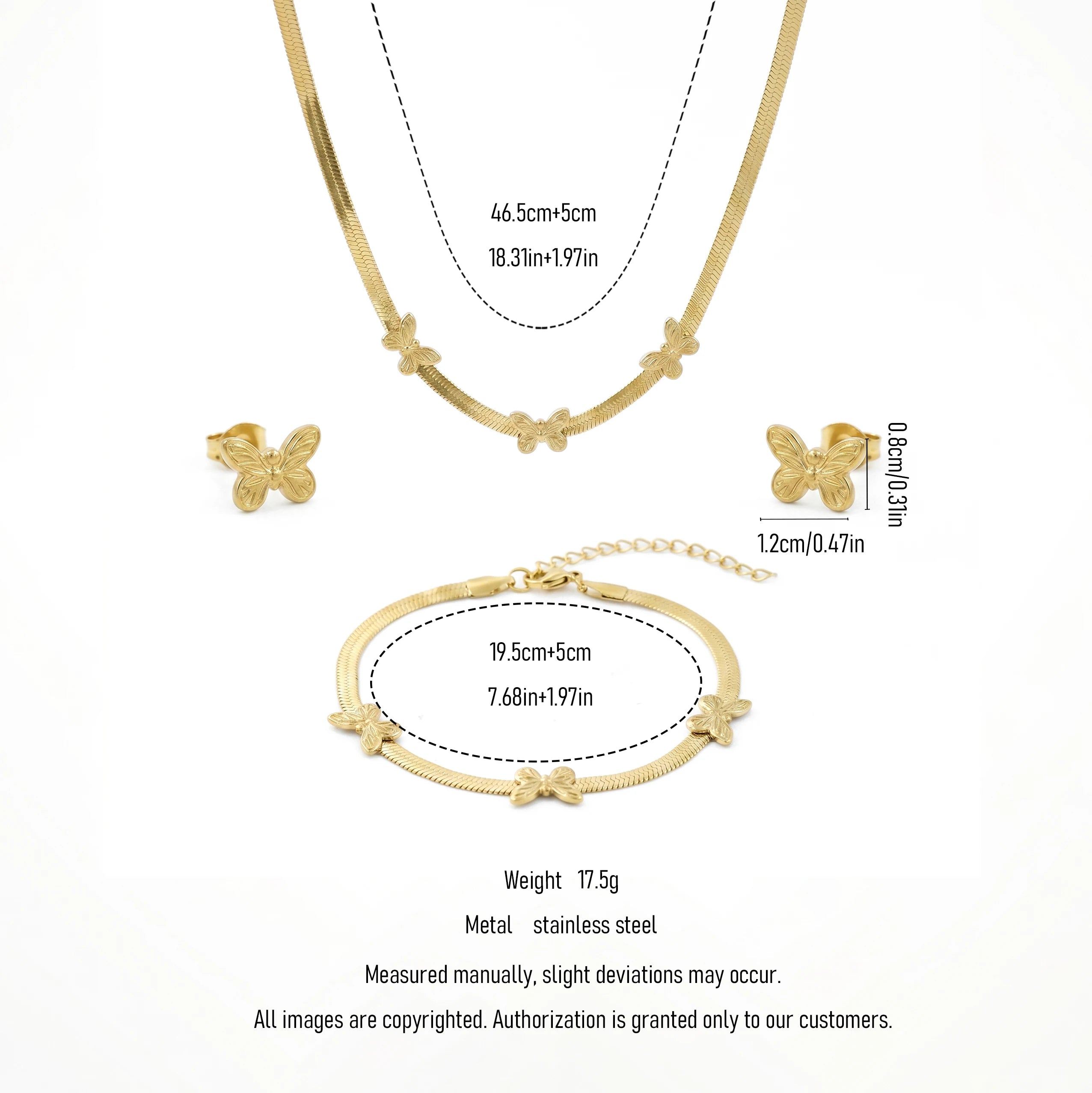 QIAOREN 11690 Tarnish Free 18K Gold Stainless Steel Butterfly Herringbone Jewelry Set Necklace Bracelet Earrings