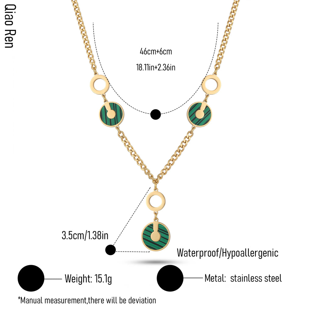 QIAOREN 14417 Paved CZ Concentric Circle Pendant Curb Chain Necklace, Stainless Steel Necklace Jewelry Gift