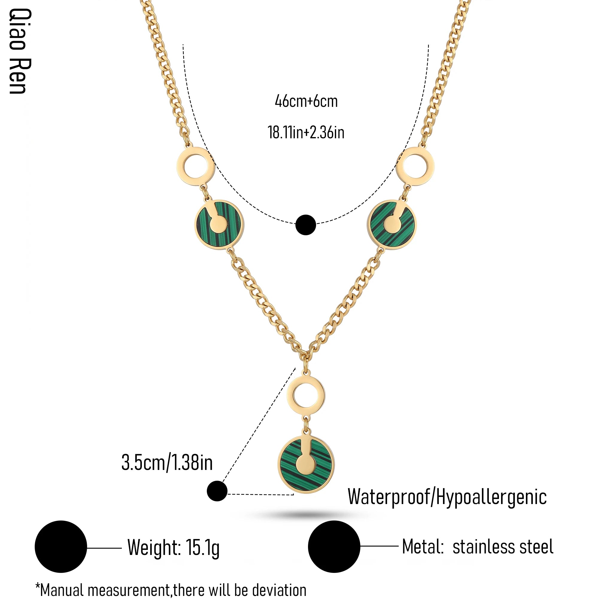 QIAOREN 14417 Paved CZ Concentric Circle Pendant Curb Chain Necklace, Stainless Steel Necklace Jewelry Gift