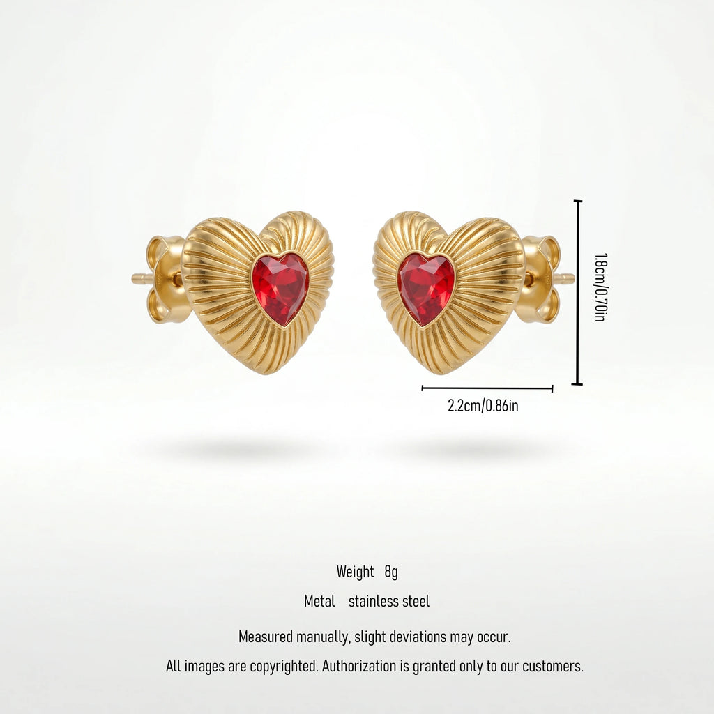 QIAOREN 12205 Gold Plated Stainless Steel Sunburst Heart Stud Earrings