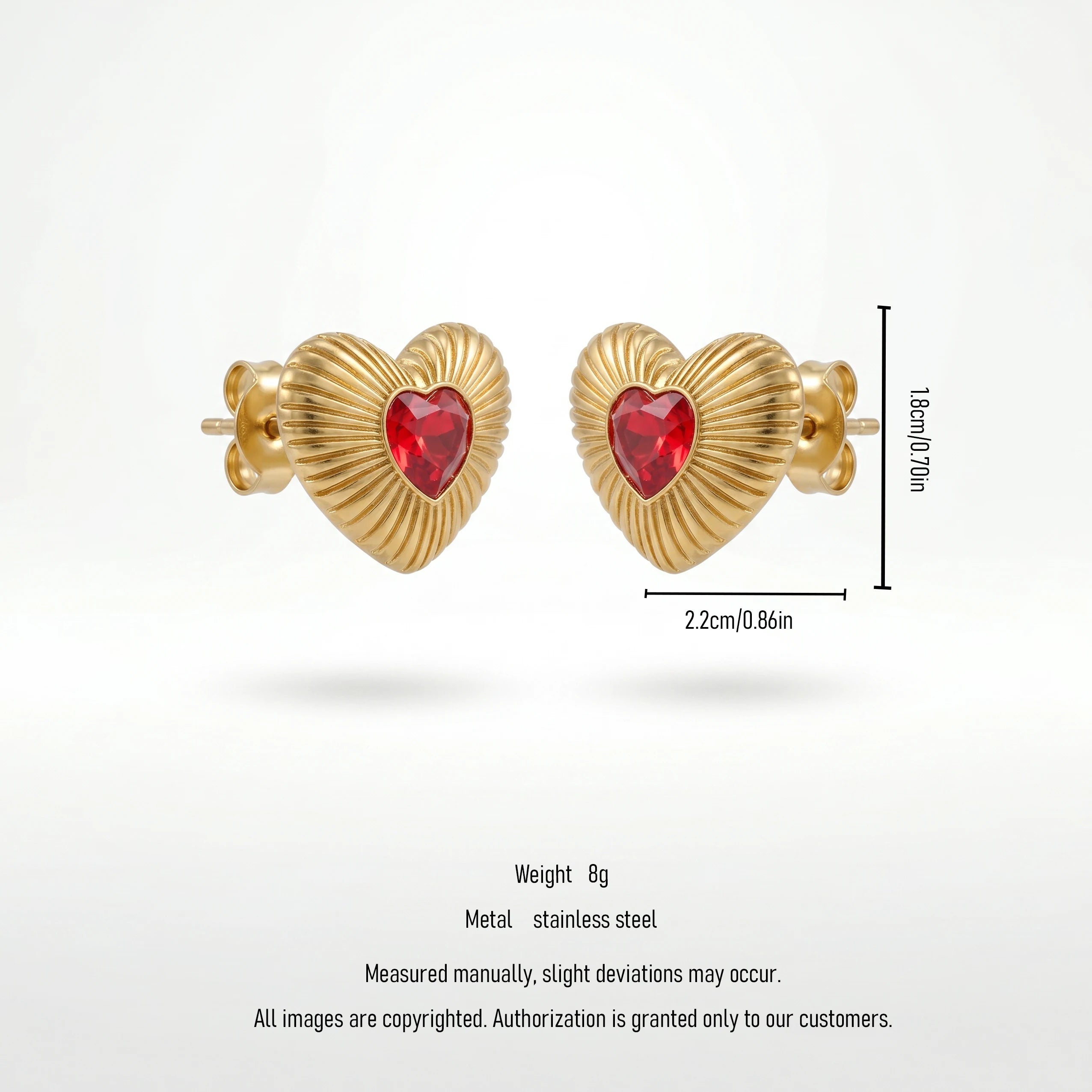 QIAOREN 12205 Gold Plated Stainless Steel Sunburst Heart Stud Earrings