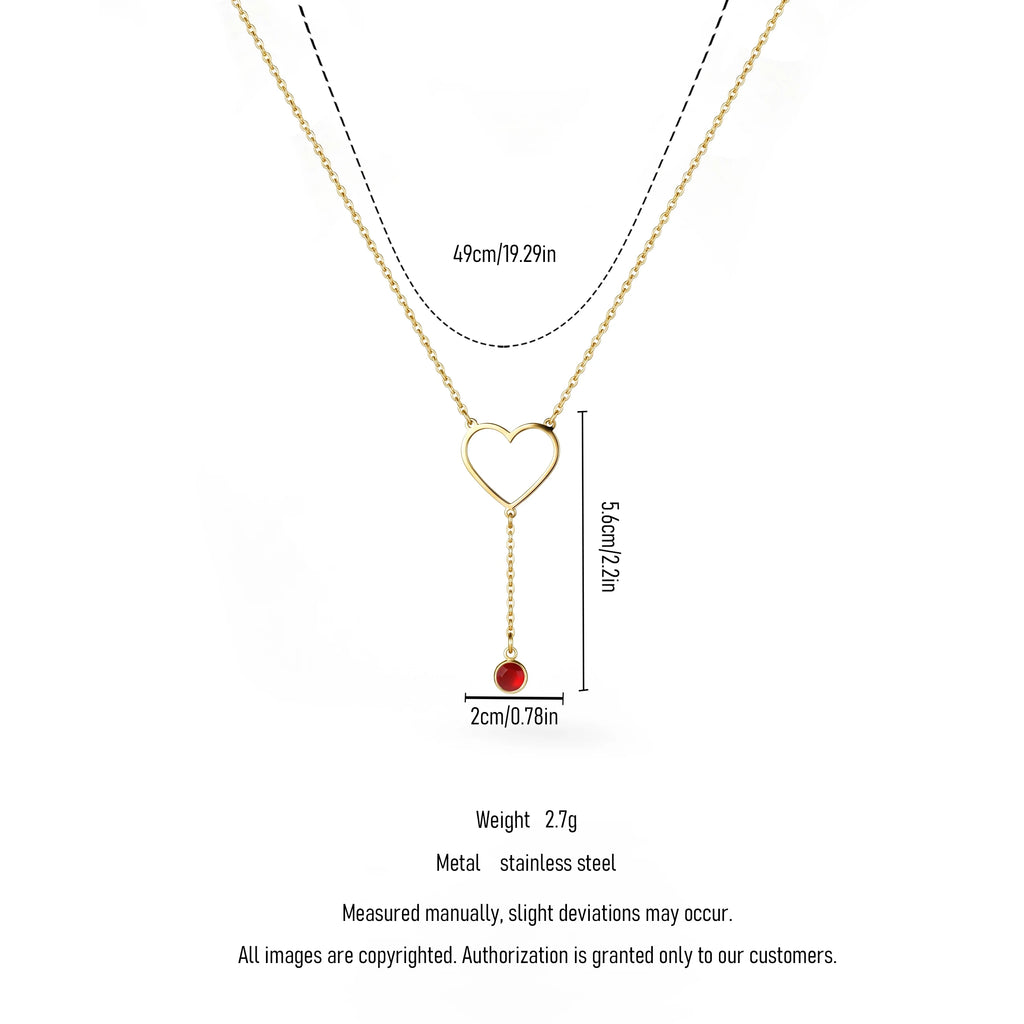 QIAOREN 11818 Waterproof Hollow Heart Lariat Necklace 18K Gold Stainless Steel Red CZ Drop Beach-Ready Summer Vacation Jewelry