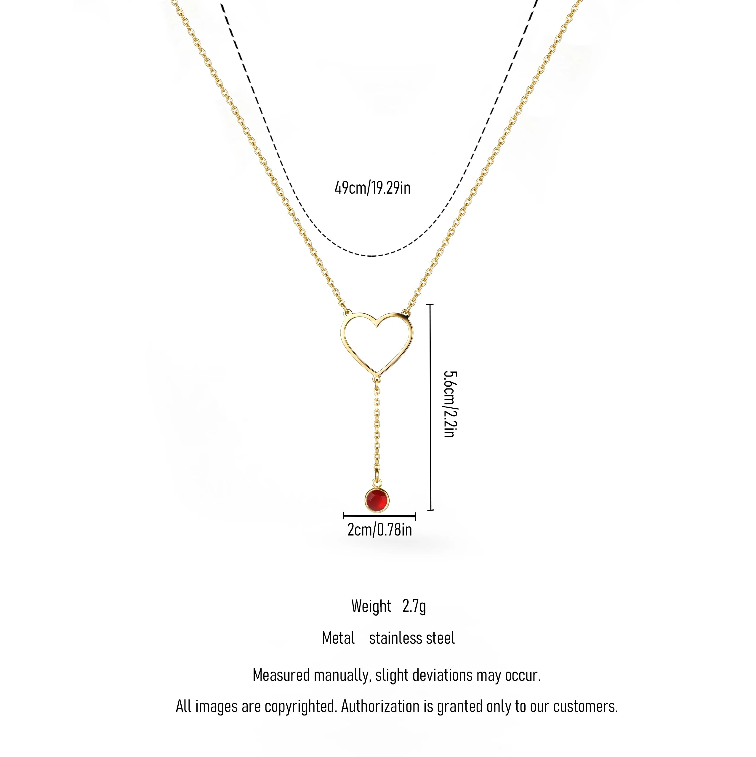 QIAOREN 11818 Waterproof Hollow Heart Lariat Necklace 18K Gold Stainless Steel Red CZ Drop Beach-Ready Summer Vacation Jewelry