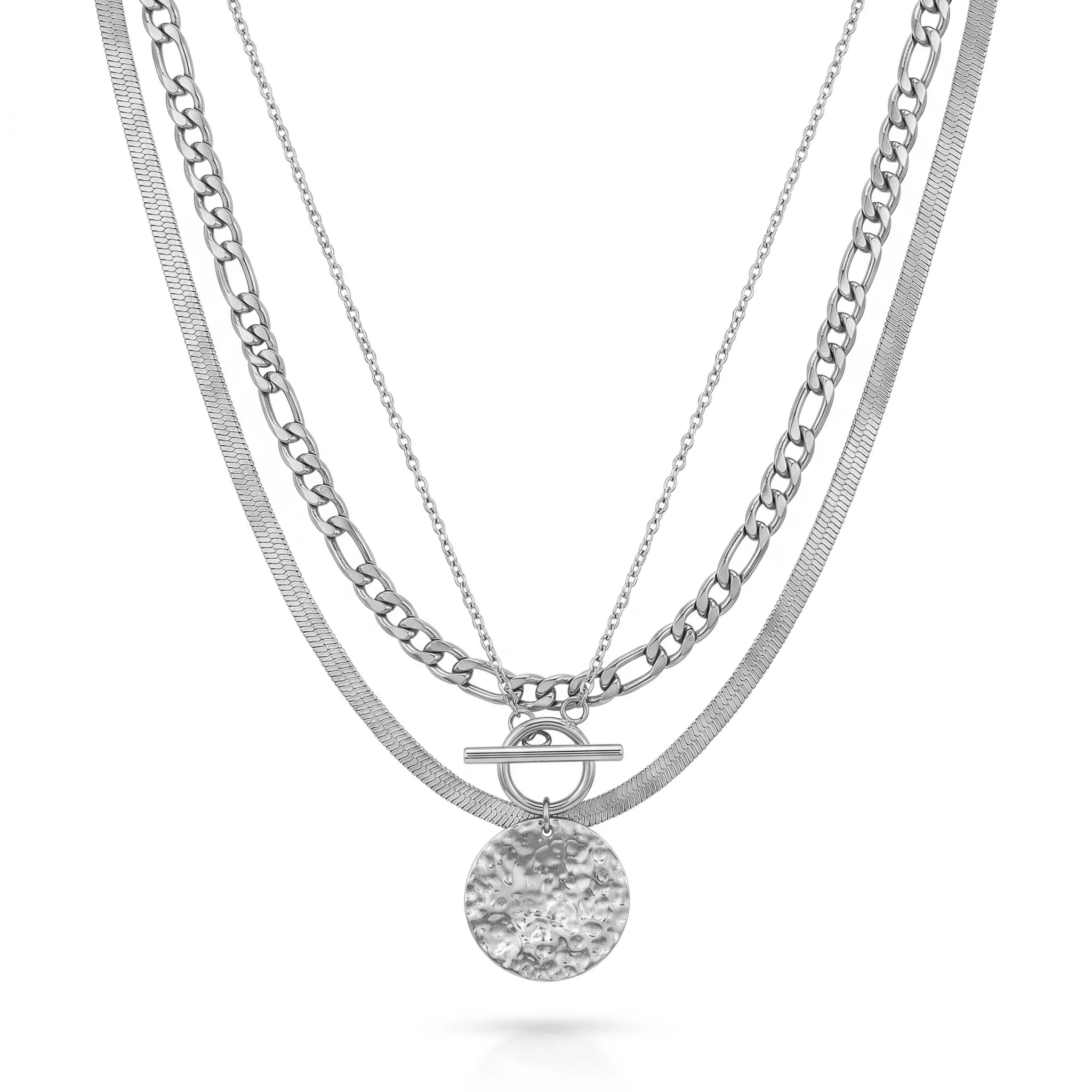 QIAOREN 11595 Tarnish Free 18K Gold Stainless Steel Layered Necklace Hammered Disc Pendant Toggle Clasp Figaro Snake Chain