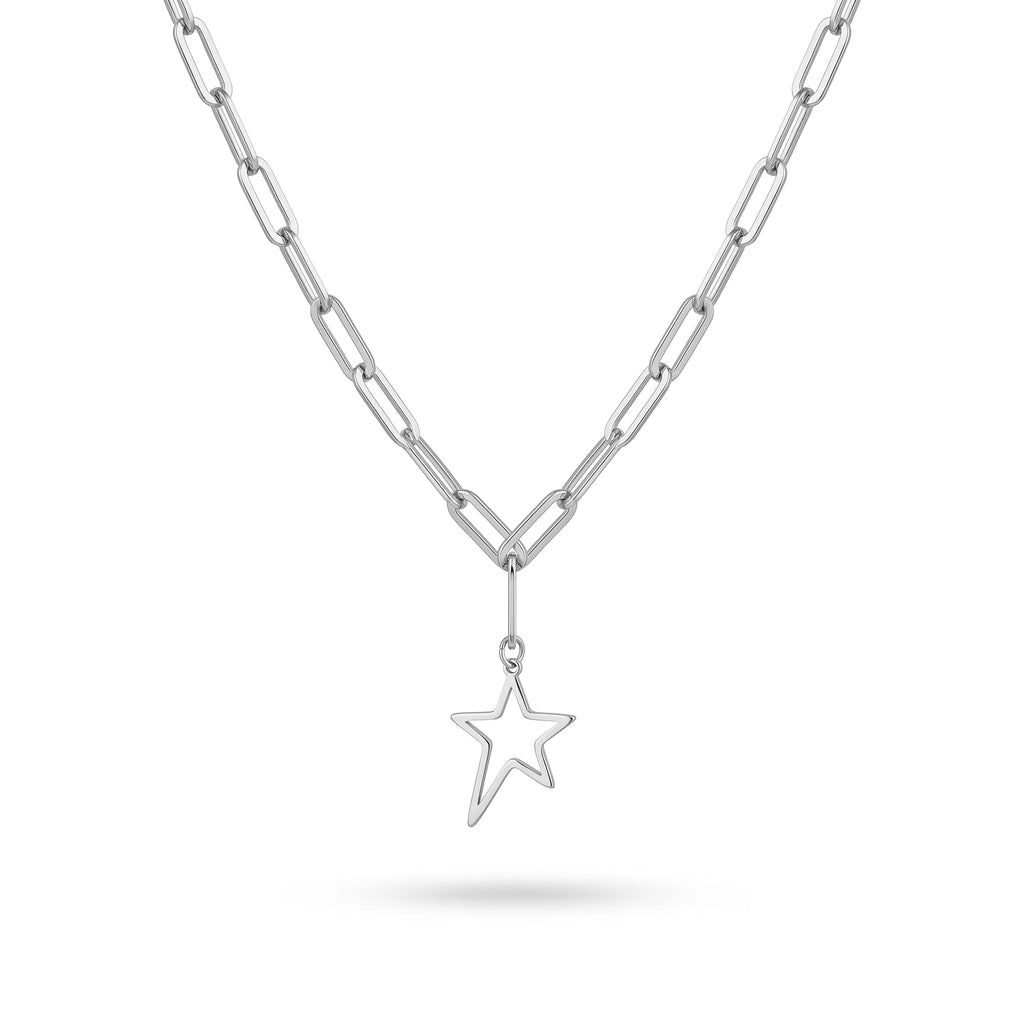 QIAOREN  11959 Gold Plated Stainless Steel Paperclip Chain Necklace Hollow Open Star Drop Pendant Dainty Daily Jewelry Gift