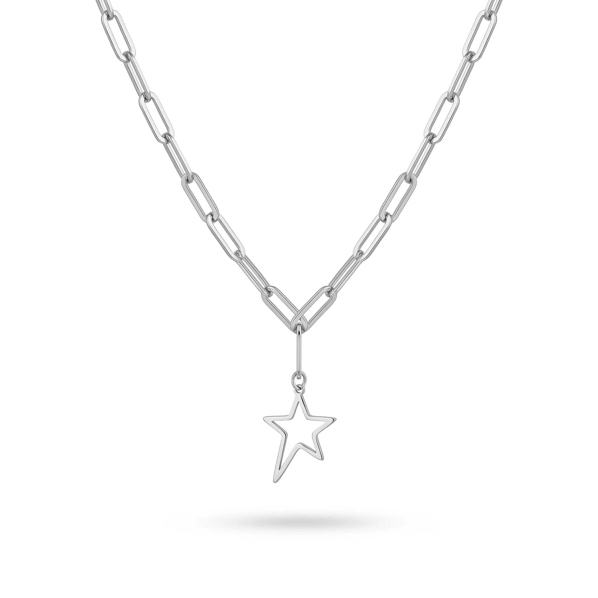 QIAOREN  11959 Gold Plated Stainless Steel Paperclip Chain Necklace Hollow Open Star Drop Pendant Dainty Daily Jewelry Gift