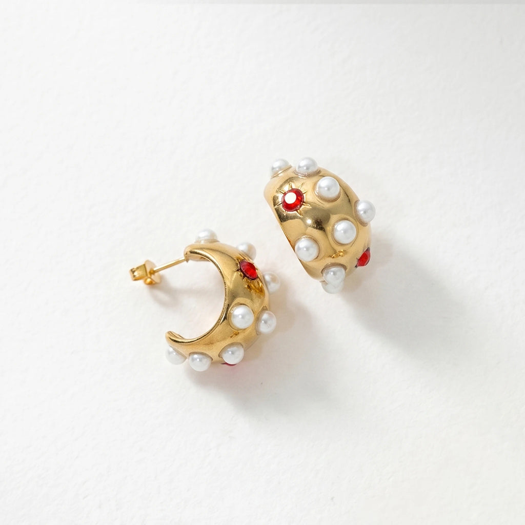 QIAOREN 12436Vintage Geometric 18K Gold Plated Stainless Steel Stud Earrings Red Starburst Chunky Hoops Women