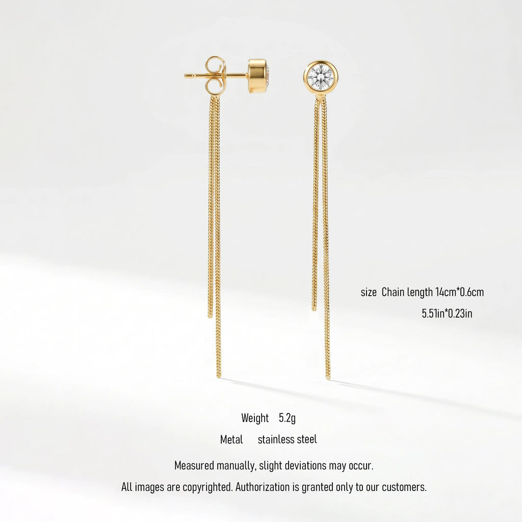 QIAOREN 10747 Sleek Geometric Tassel Drop Cuff Earrings Stainless Steel Gold Plated with Snake Chain Water-Ready