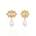 QIAOREN 13439 Textured Matte Stud Earrings With Tiny Round Pearl Inlay, Irregular Freshwater Pearl Dangle Ear Jewelry