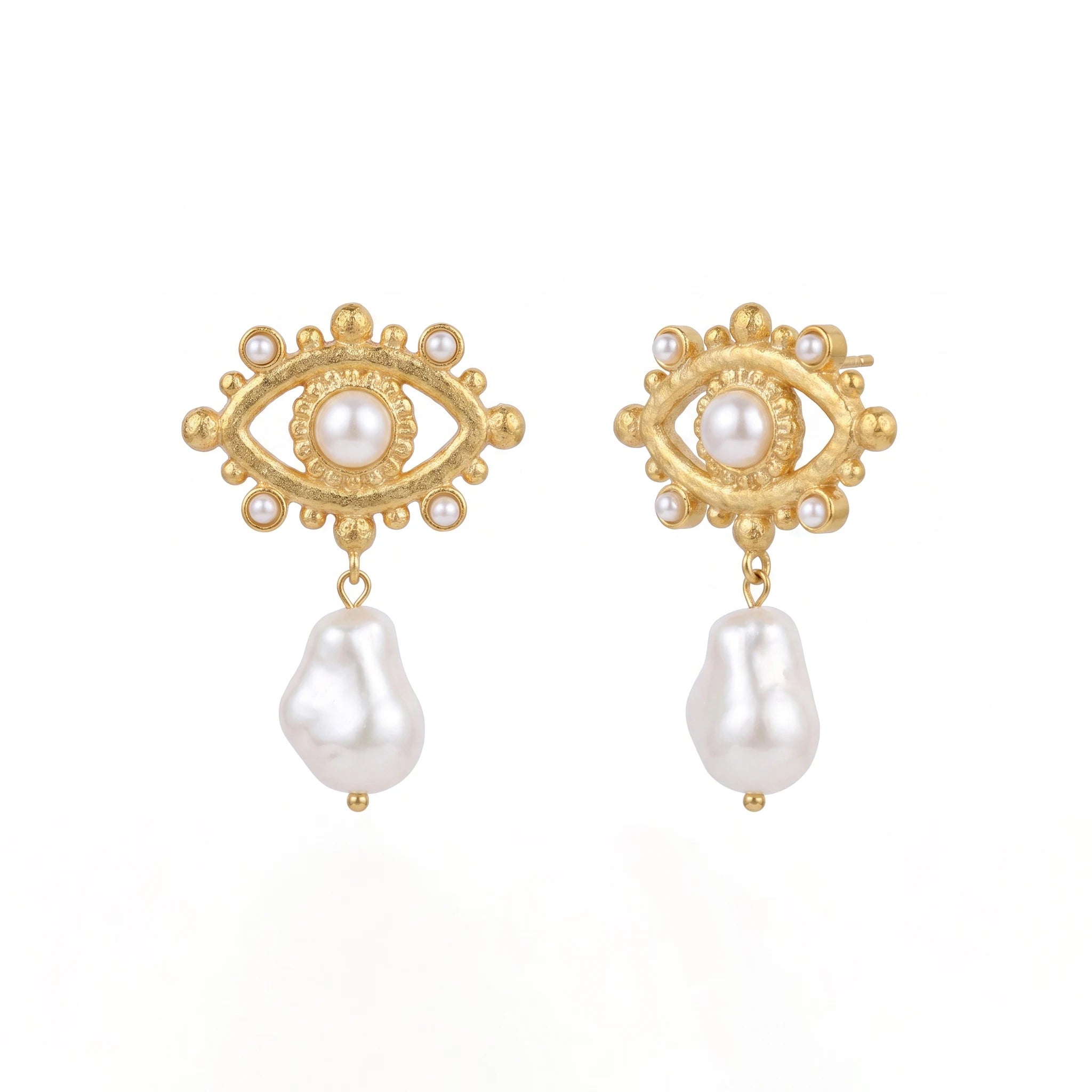 QIAOREN 13439 Textured Matte Stud Earrings With Tiny Round Pearl Inlay, Irregular Freshwater Pearl Dangle Ear Jewelry