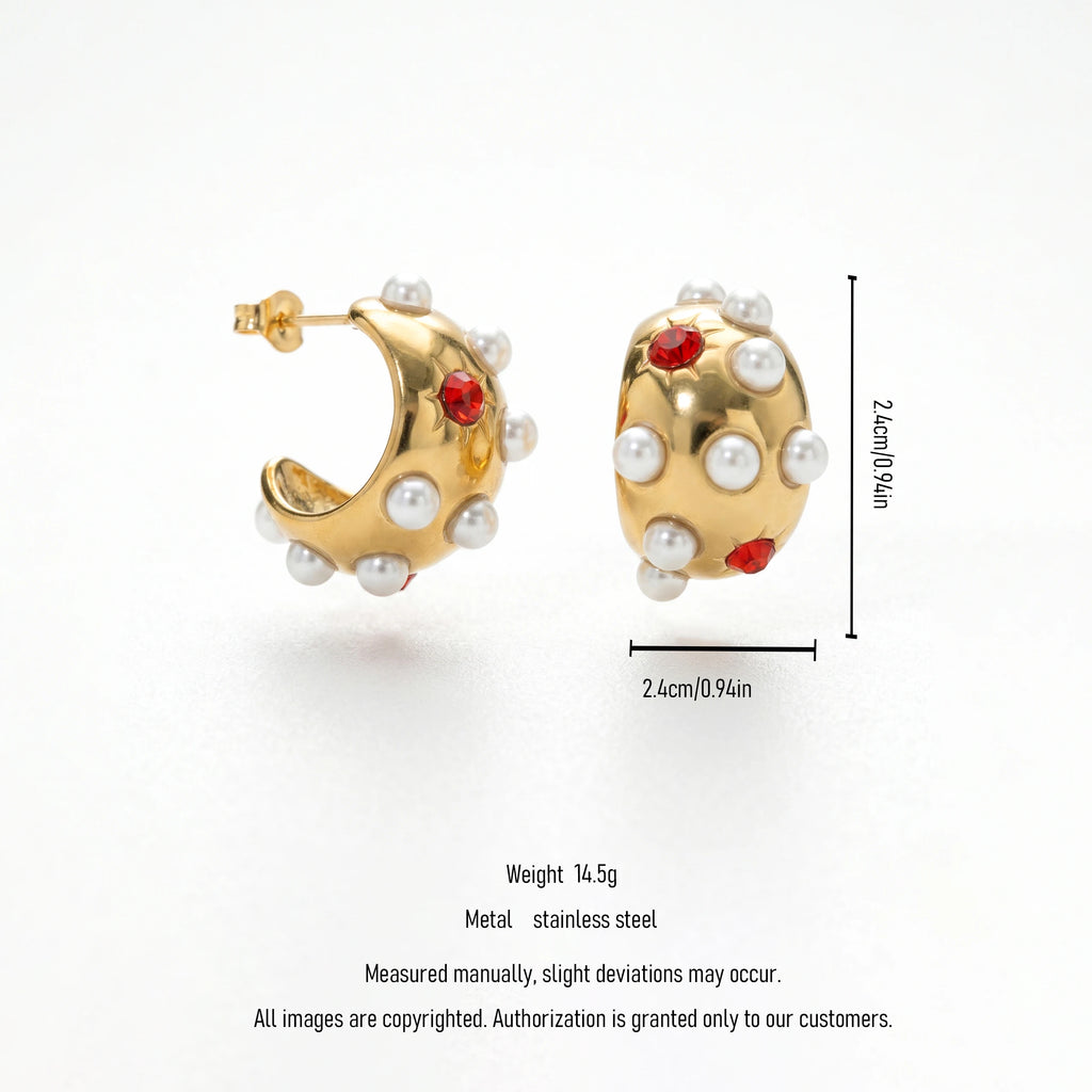 QIAOREN 12436Vintage Geometric 18K Gold Plated Stainless Steel Stud Earrings Red Starburst Chunky Hoops Women