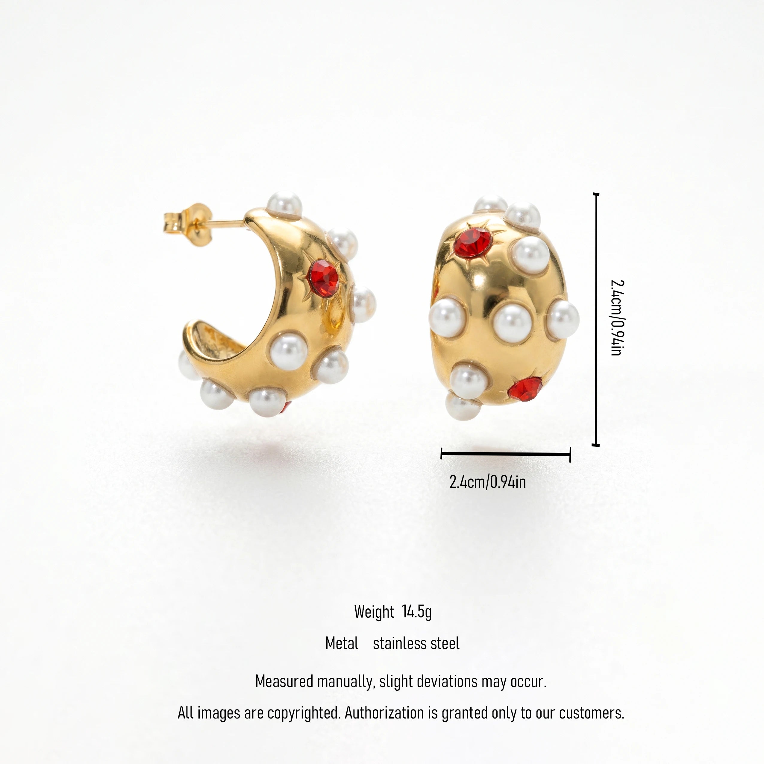 QIAOREN 12436Vintage Geometric 18K Gold Plated Stainless Steel Stud Earrings Red Starburst Chunky Hoops Women