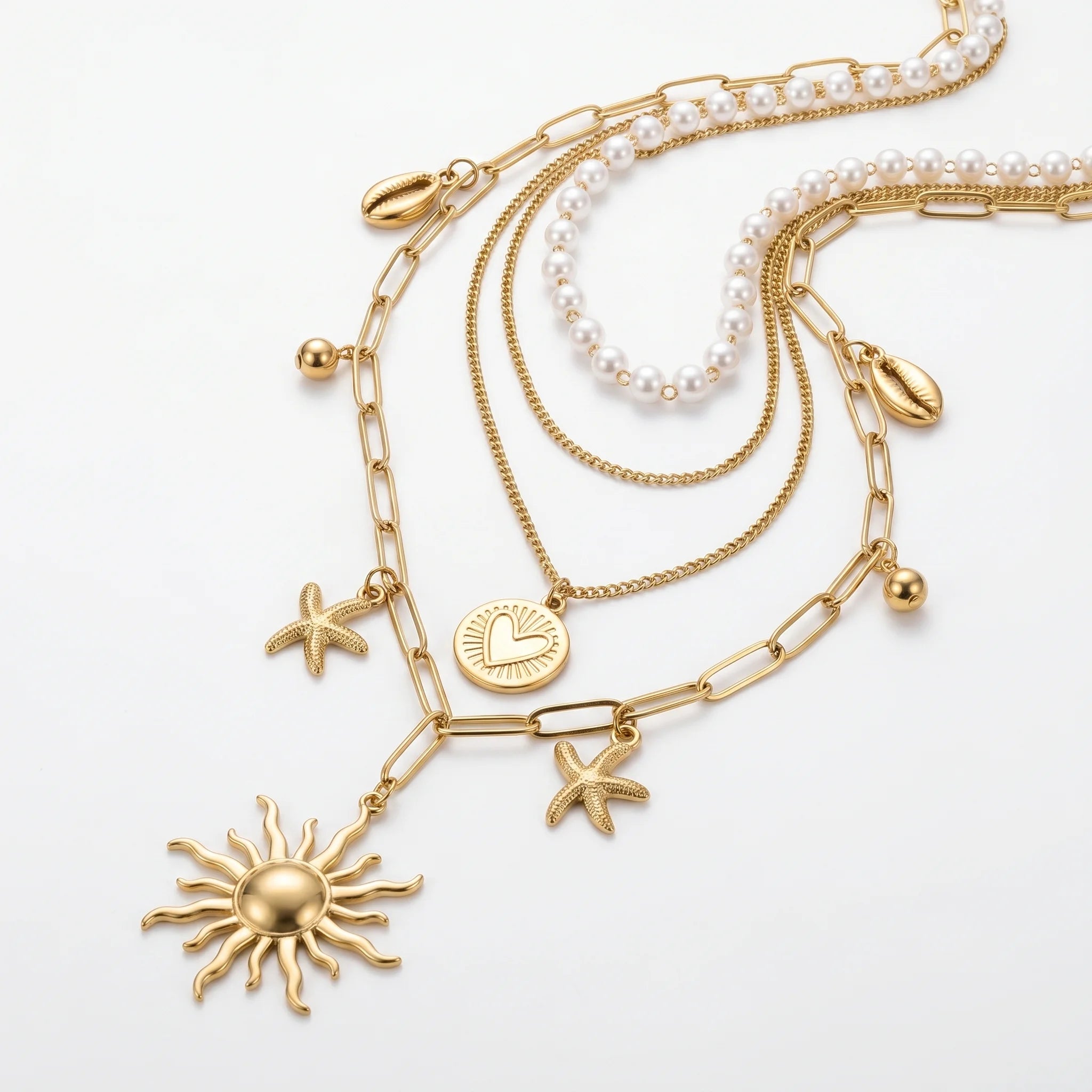 QIAOREN 11532 18K Gold Plated 4 Layer Pearl Cowrie Shell Starfish Sun Pendant Necklace Stainless Steel