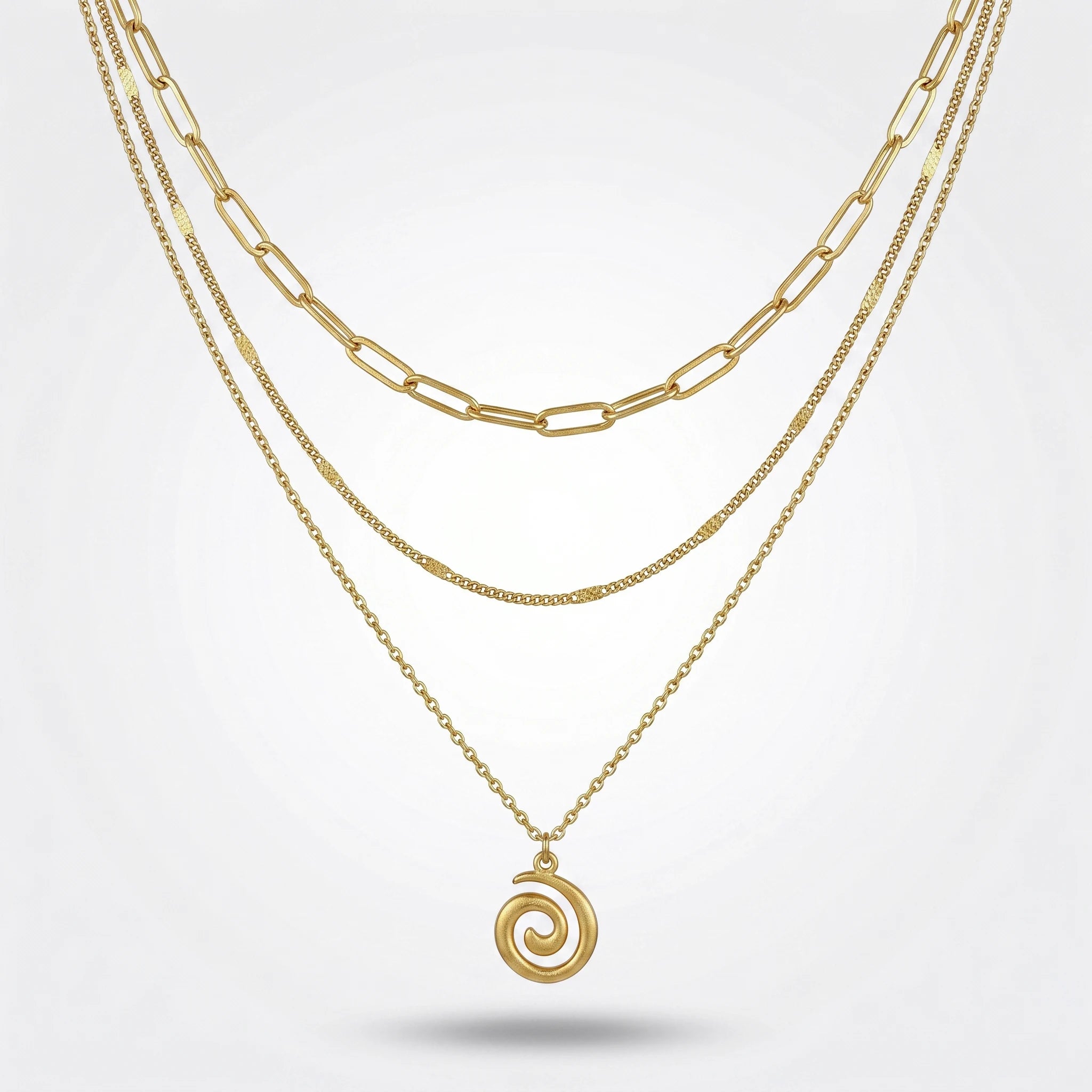 QIAOREN 10651 Bohemian Spiral Pendant Layered Link Chain Necklace 18K Gold Plated Stainless Steel Statement Everyday Wear