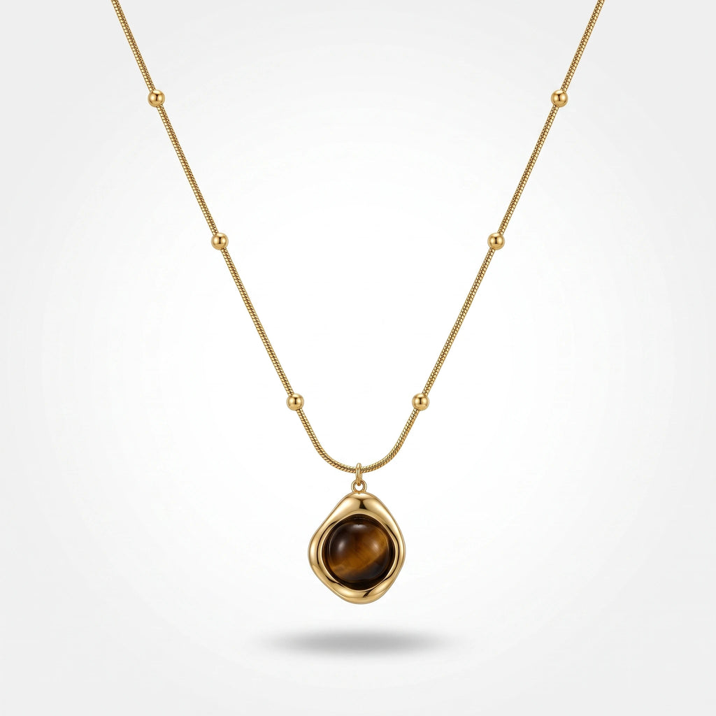QIAOREN 13472 Vintage Tiger Eye Pendant Necklace with Beaded Snake Chain, Irregular Gold Frame Natural Stone Neck Jewelry Gift