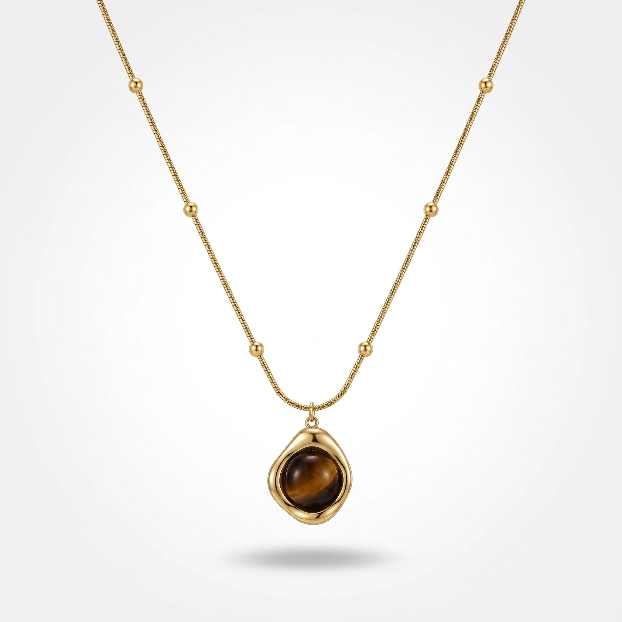 QIAOREN 13472 Vintage Tiger Eye Pendant Necklace with Beaded Snake Chain, Irregular Gold Frame Natural Stone Neck Jewelry Gift