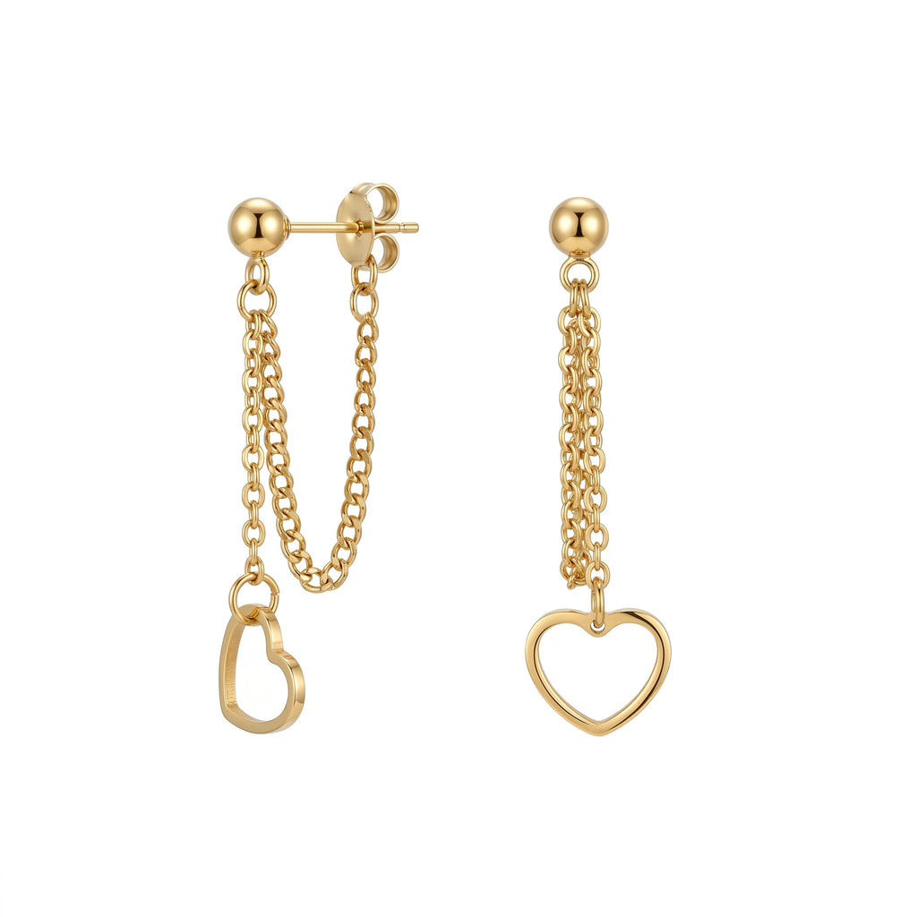 QIAOREN 11190 Minimalist Heart Stud Earrings with Chain Detail Gold Stainless Steel Fashion Earrings for Women