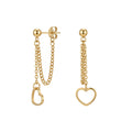 QIAOREN 11190 Minimalist Heart Stud Earrings with Chain Detail Gold Stainless Steel Fashion Earrings for Women