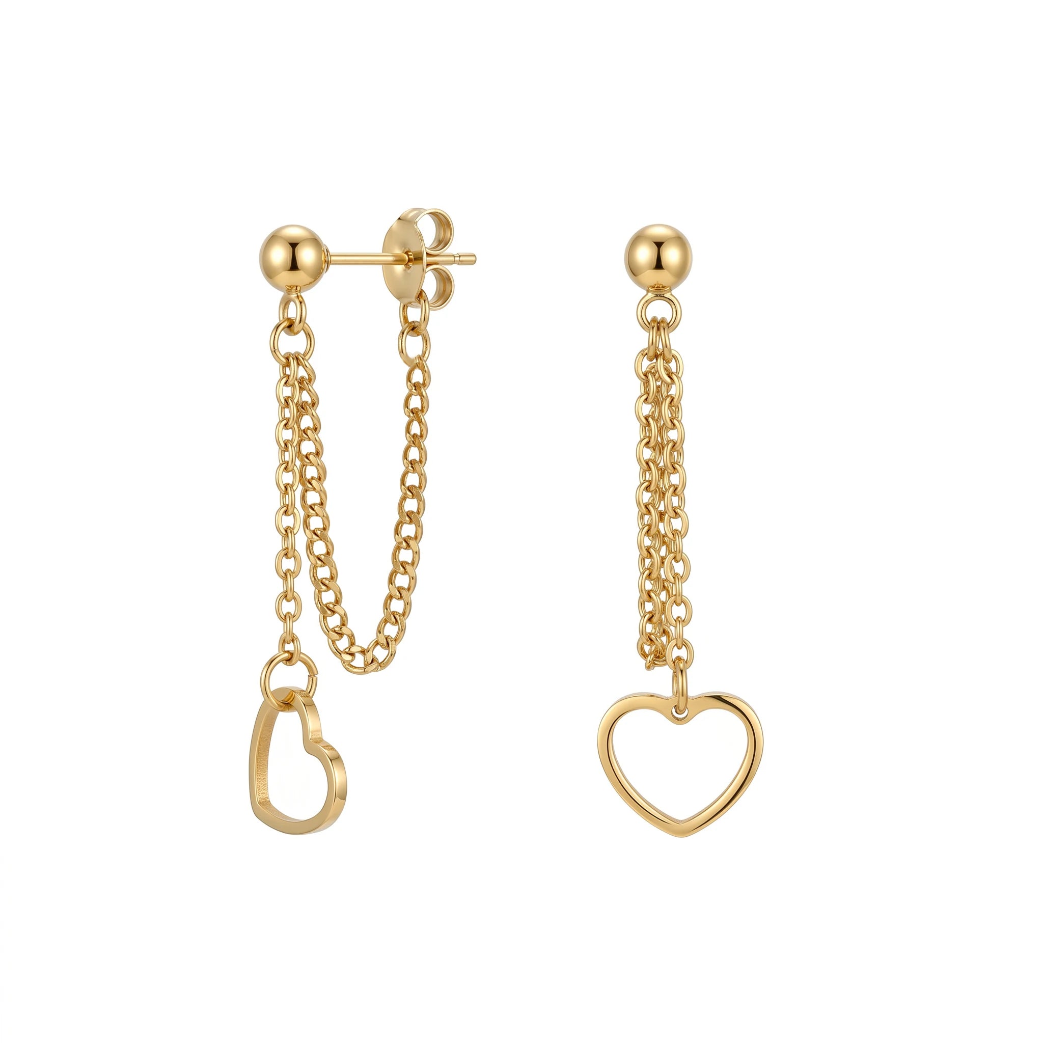QIAOREN 11190 Minimalist Heart Stud Earrings with Chain Detail Gold Stainless Steel Fashion Earrings for Women