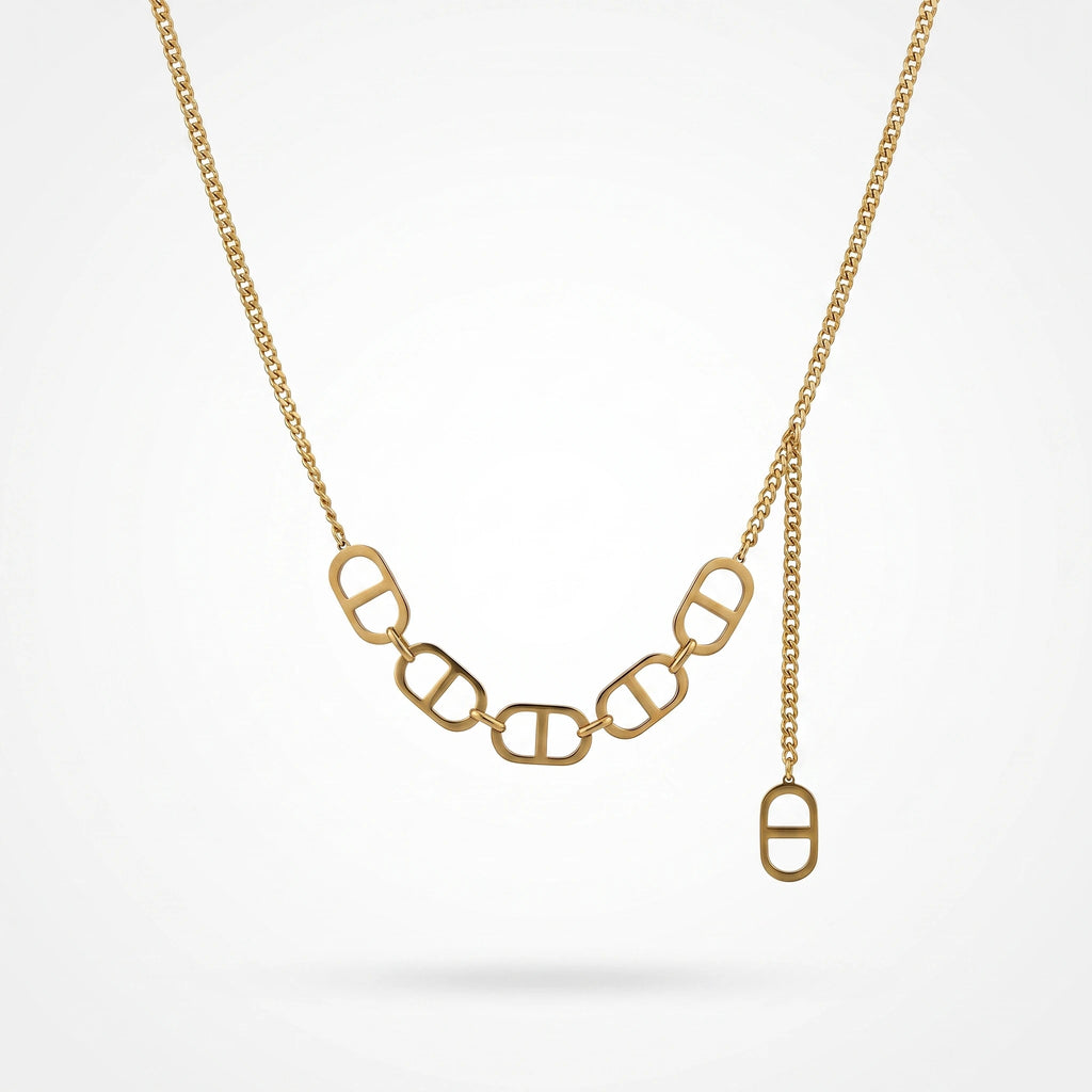 QIAOREN 14146 Link Curved Front Necklace, Oval Cutout Chain With Extension Tab Pendant Jewelry Gift for Daily Fashion Outfits