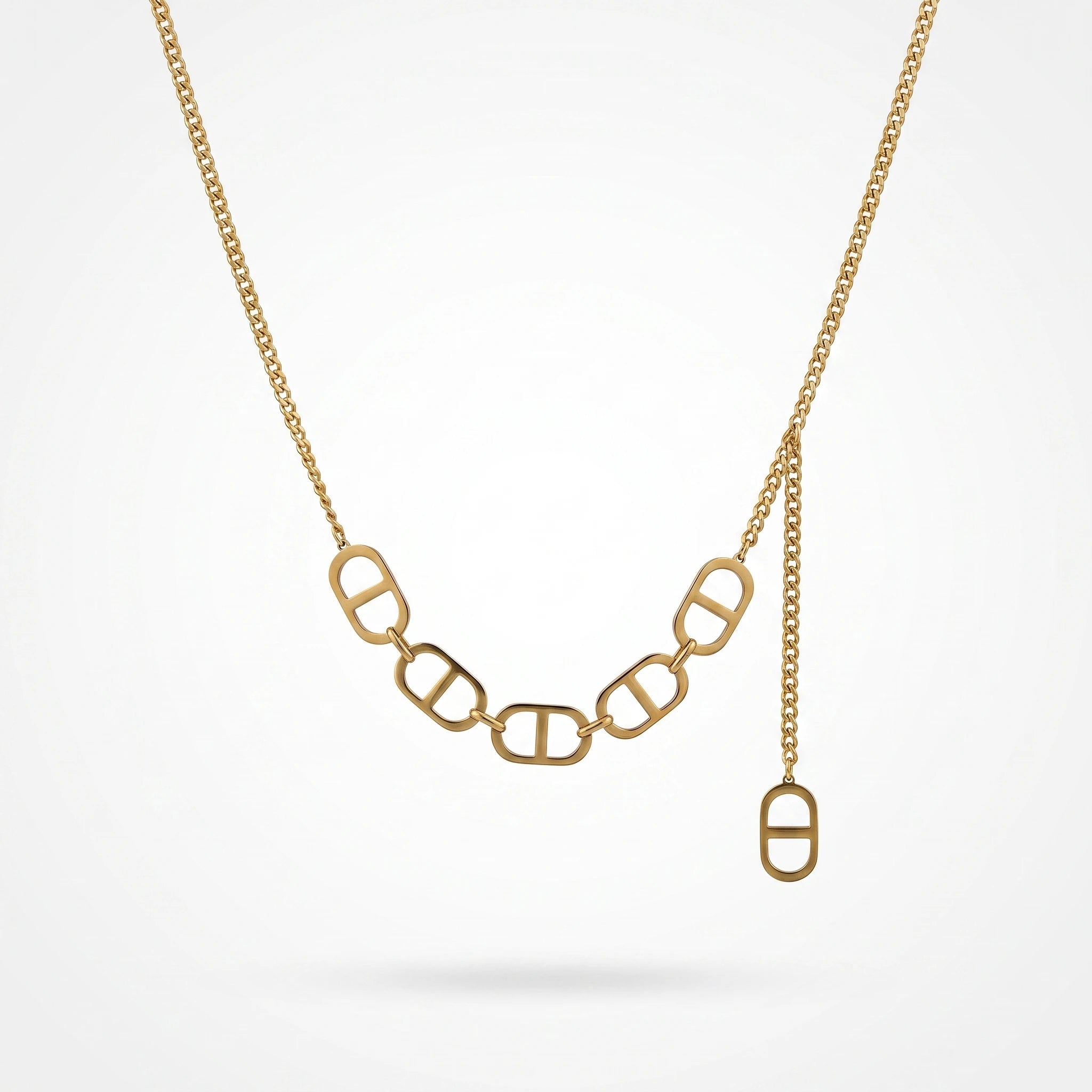 QIAOREN 14146 Link Curved Front Necklace, Oval Cutout Chain With Extension Tab Pendant Jewelry Gift for Daily Fashion Outfits