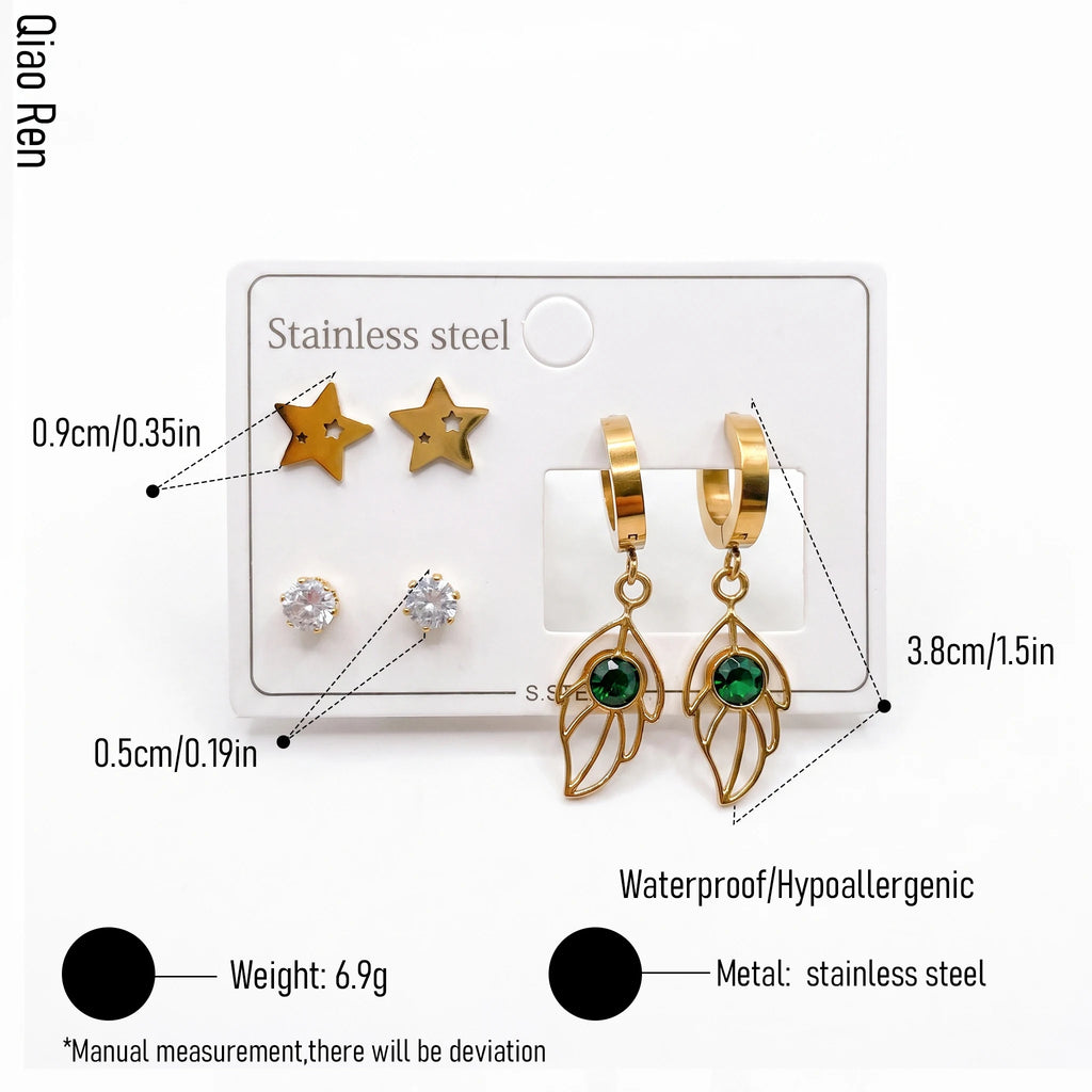 QIAOREN 14525 Waterproof Stainless Steel Earrings Set Star Leaf Hoop Drop Stud Earrings Green CZ Jewelry Women