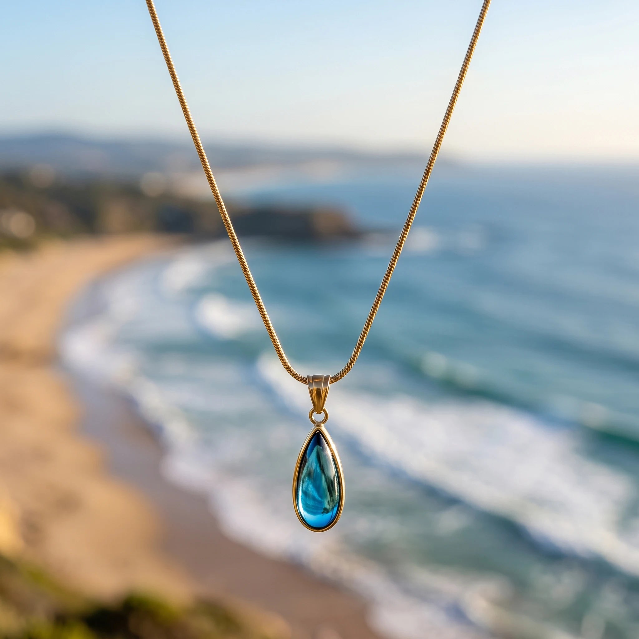 QIAOREN 13844 Stainless Steel Blue Teardrop Pendant Necklace Waterproof Hypoallergenic Minimalist Jewelry for Women
