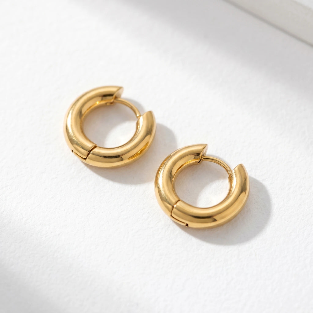 QIAOREN 12502In Stock Tarnish Free Waterproof Chunky Gold Hoops Stainless Steel Puffy Thick Round Earrings Latchback Hoops Women